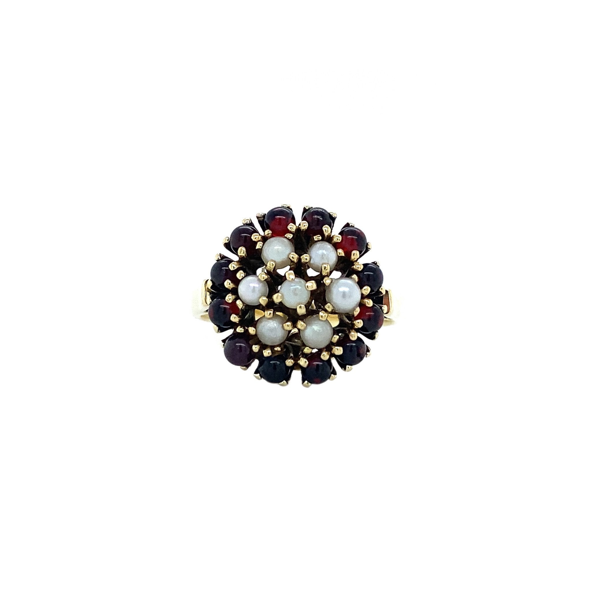 14 kt gold ring with garnet and pearl