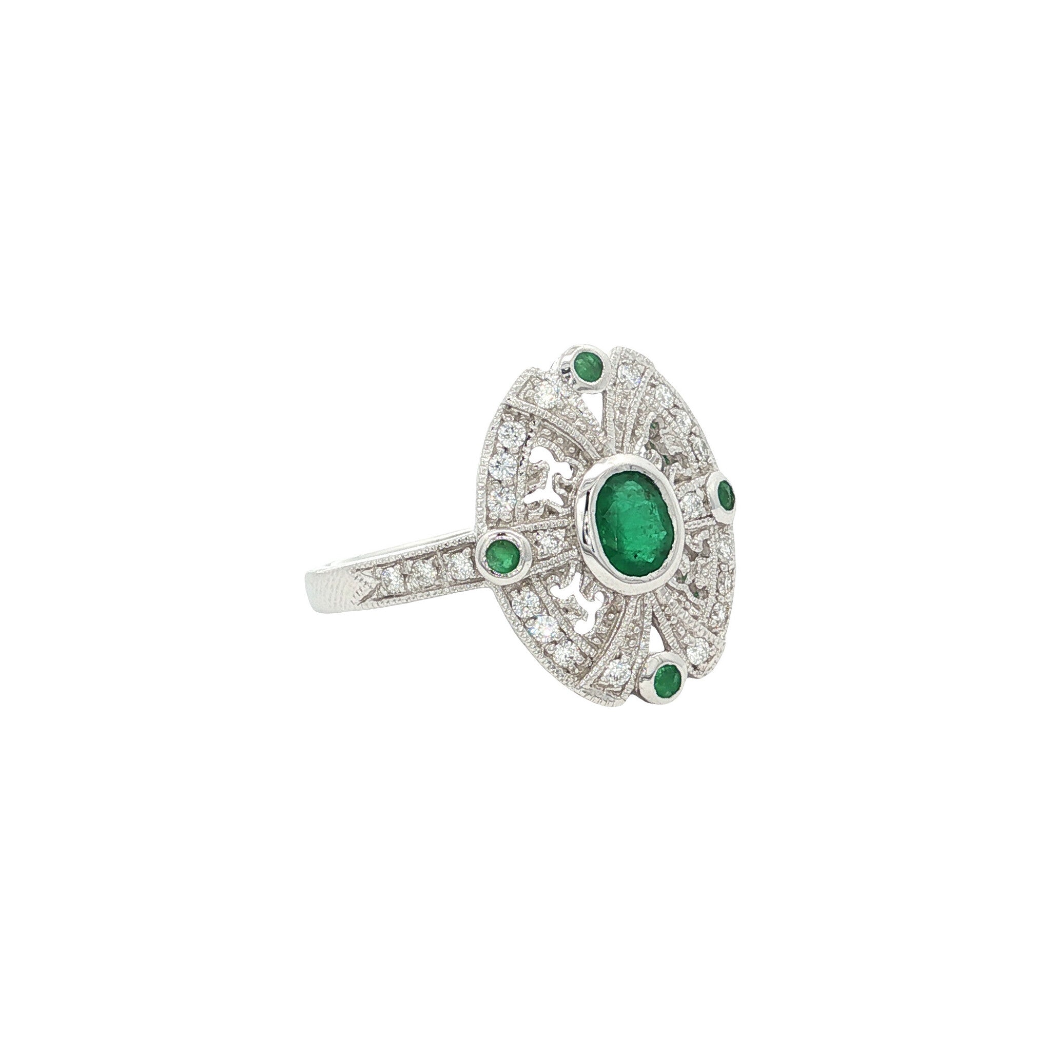Gold ring with emerald and diamond 14 kt