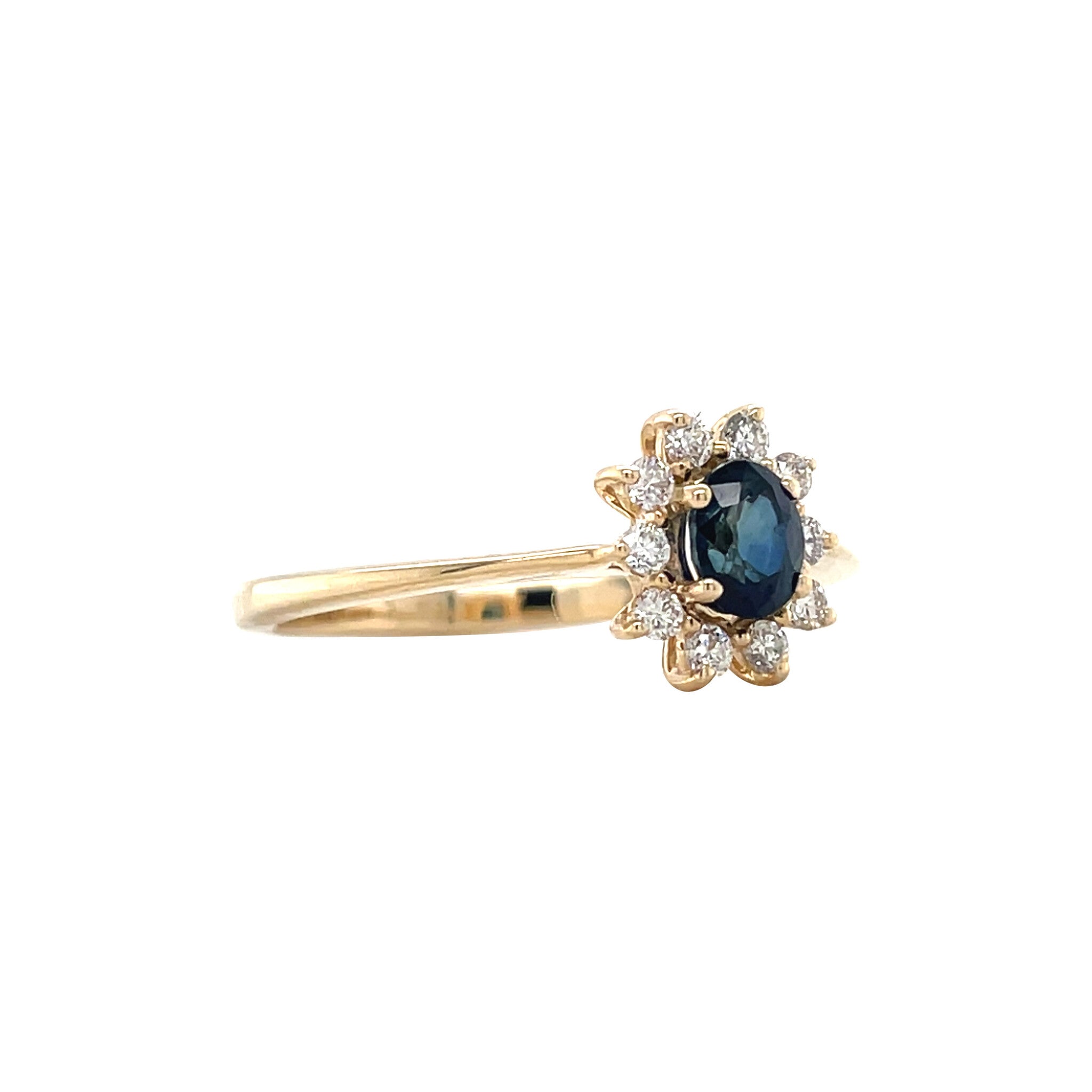 Gouden vintage entourage ring met saffier en diamant 14 krt