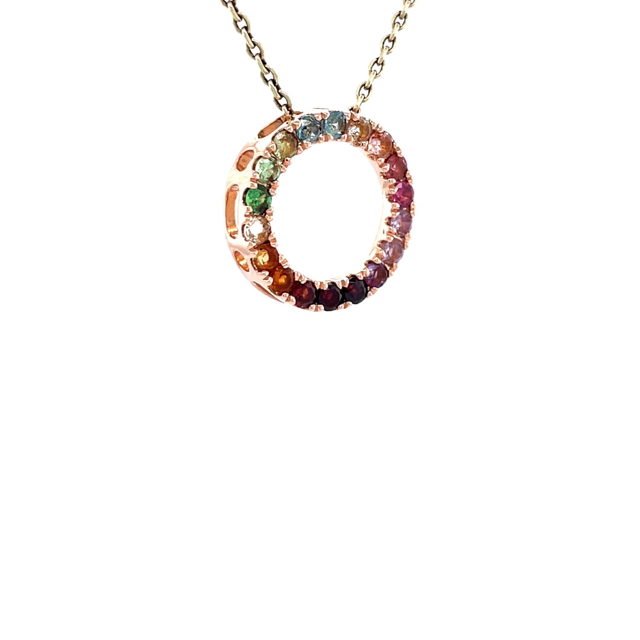 Rose-gold vintage Rainbow forest Gassan pendant with colored gemstones 14 kt