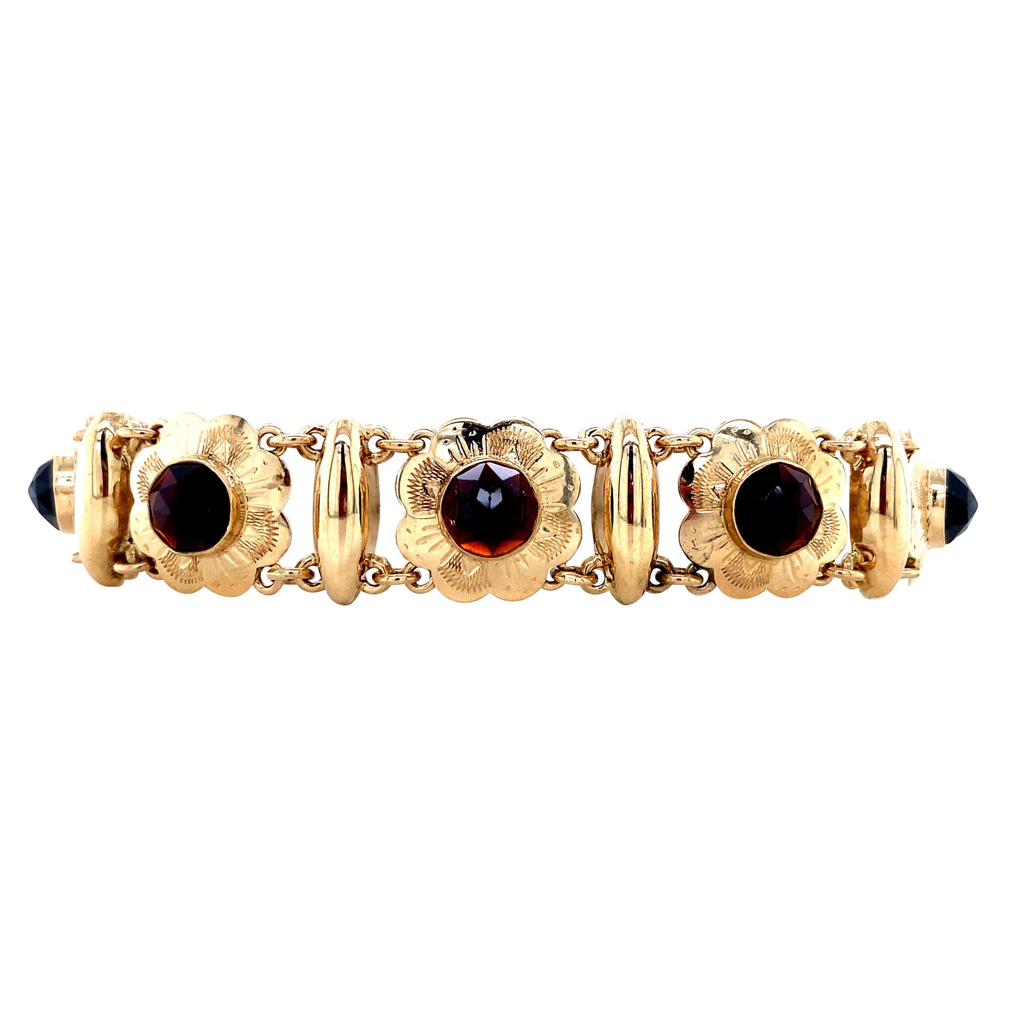 Gouden vintage bootjes armband met granaat 14 krt