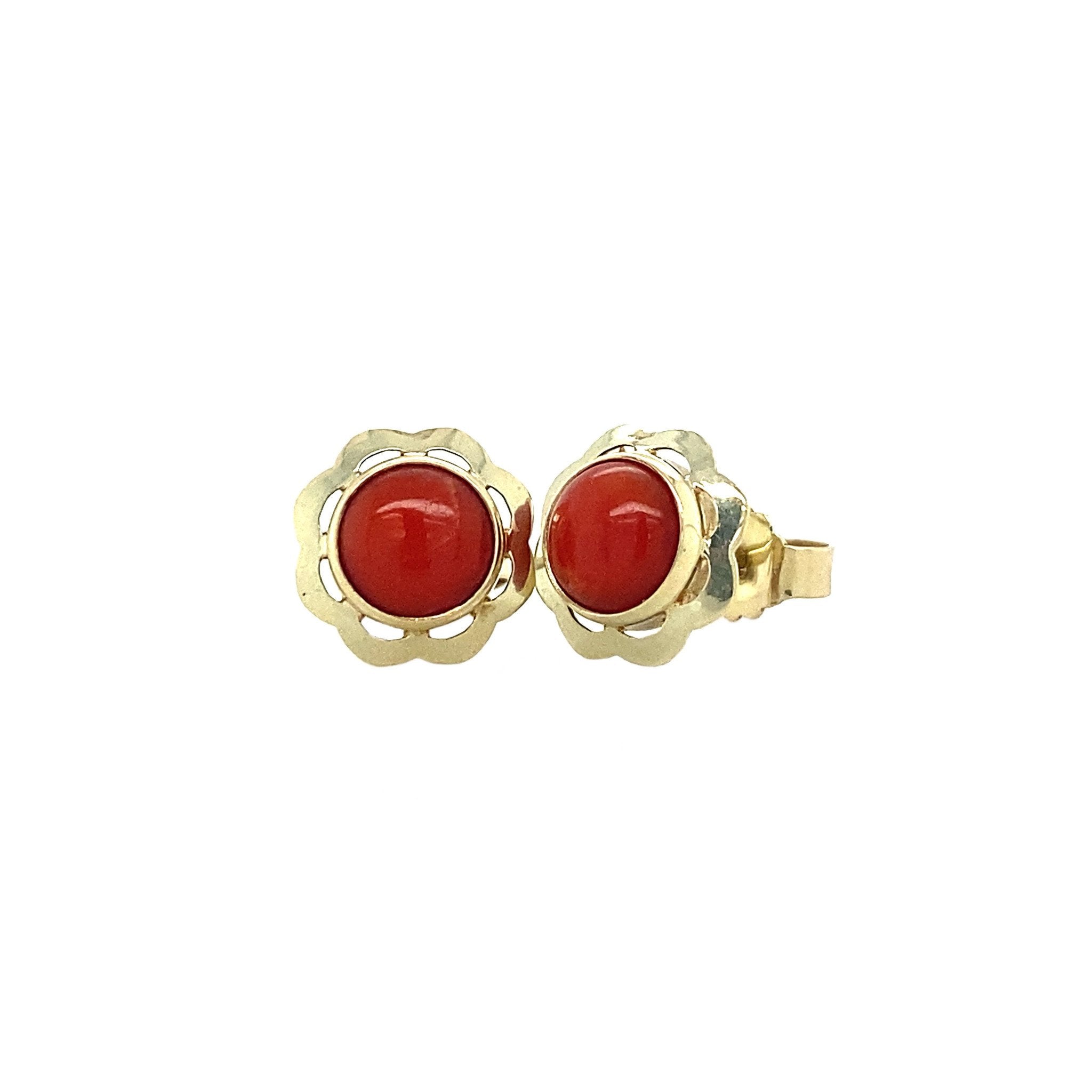 14 kt gold stud earrings with blood coral