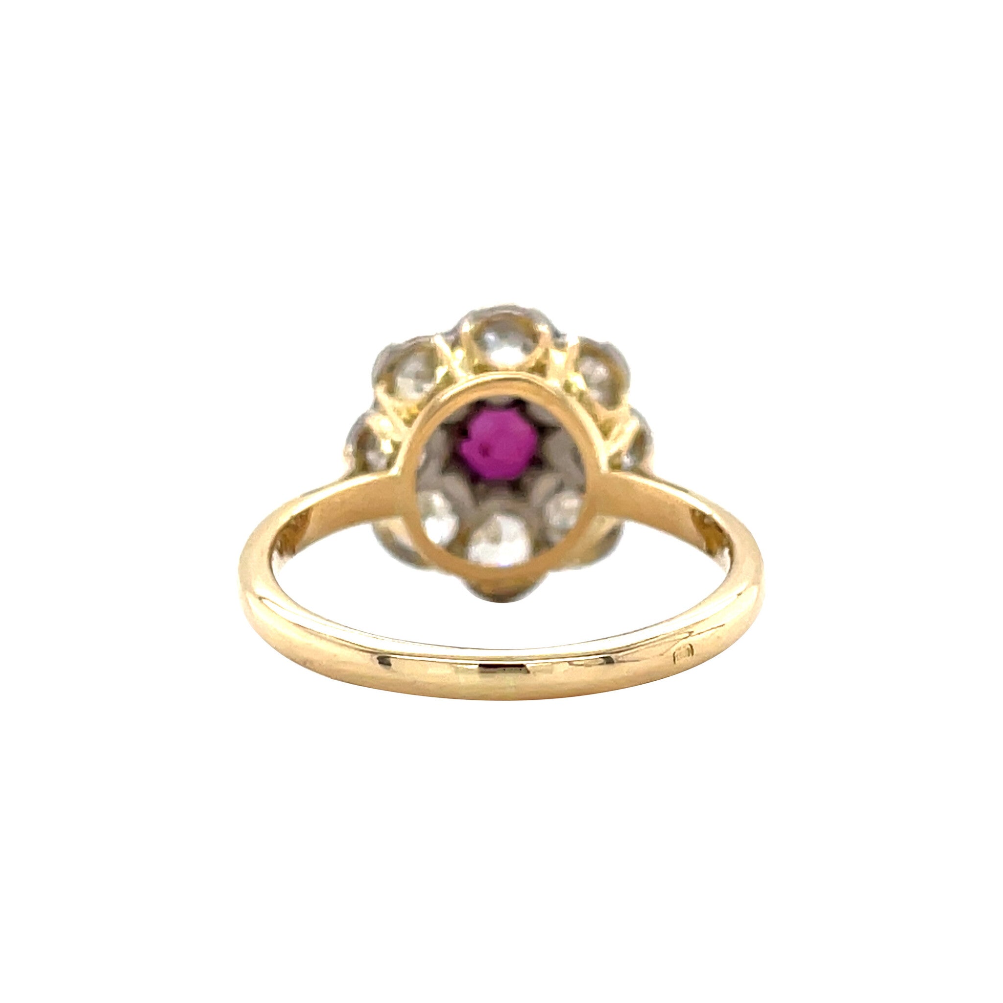 Gold vintage entourage ring with ruby and diamond 18 kt