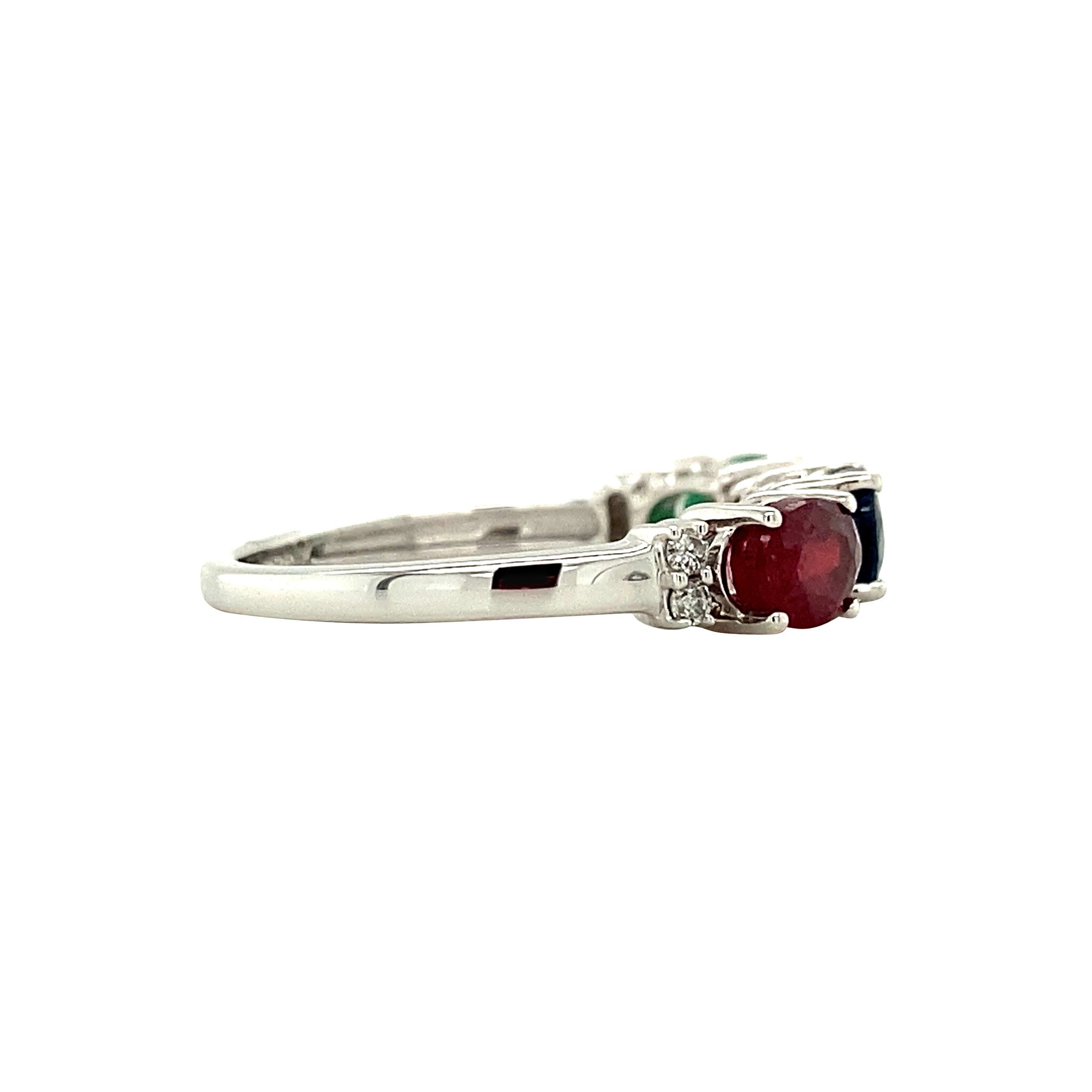 White gold ring with emerald, sapphire, ruby ​​and diamond 14 kt