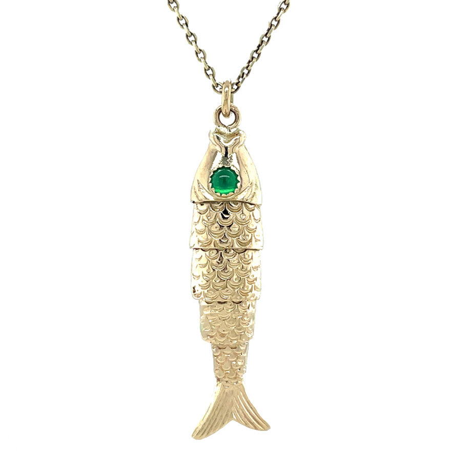 Gouden vintage vis hanger met kleursteen 14 kt
