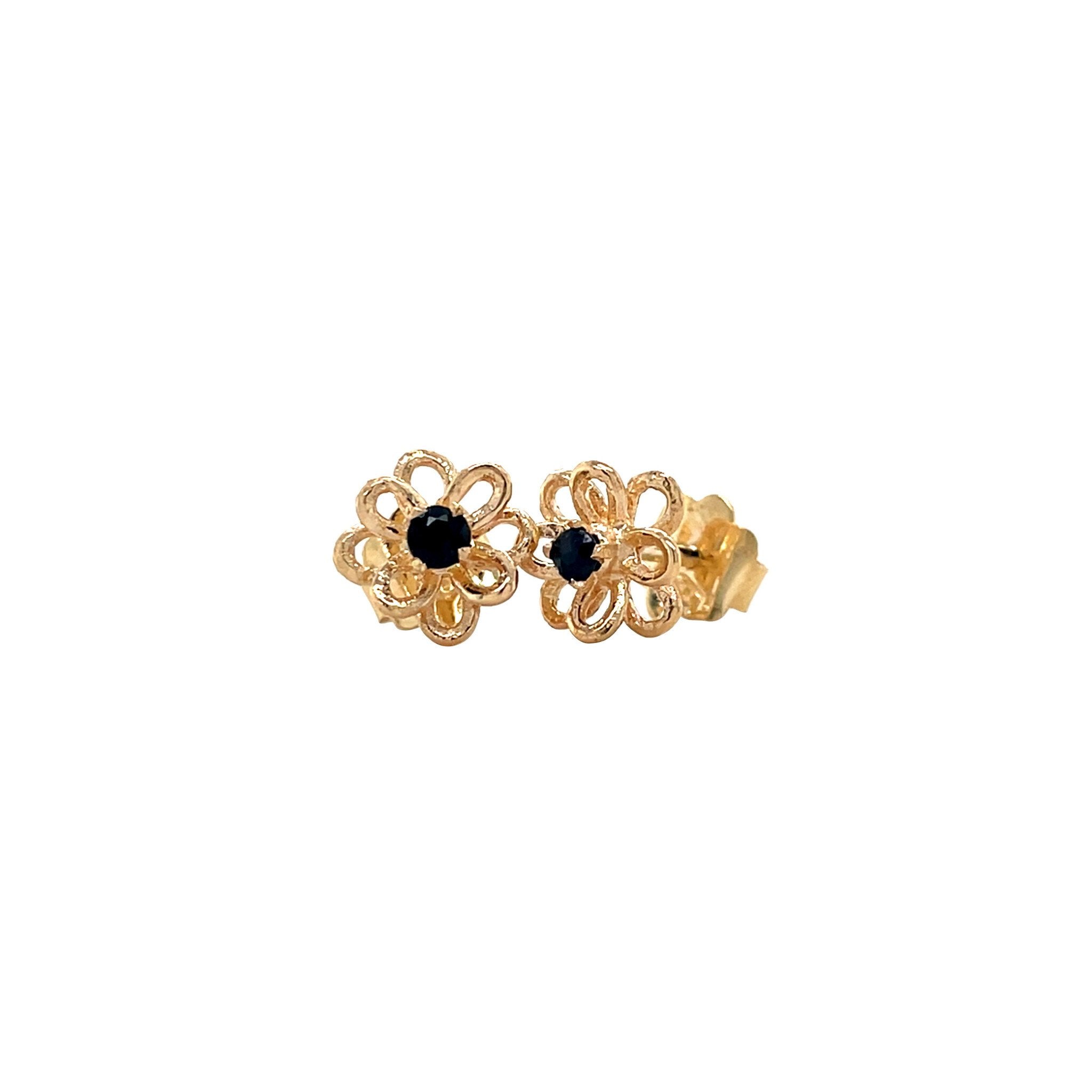 Vintage gold flower stud earrings with sapphire, 18 kt