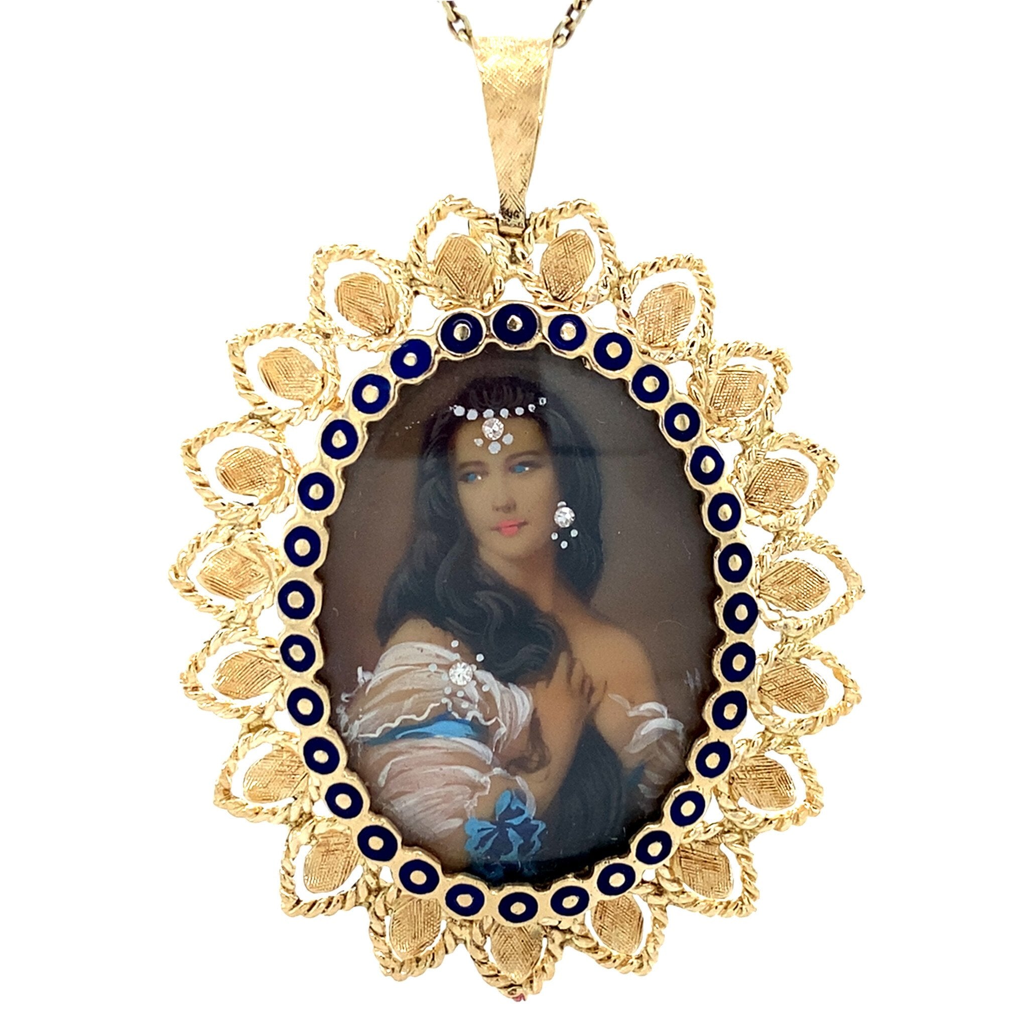 14 kt gold vintage pendant with zirconia and miniature painting
