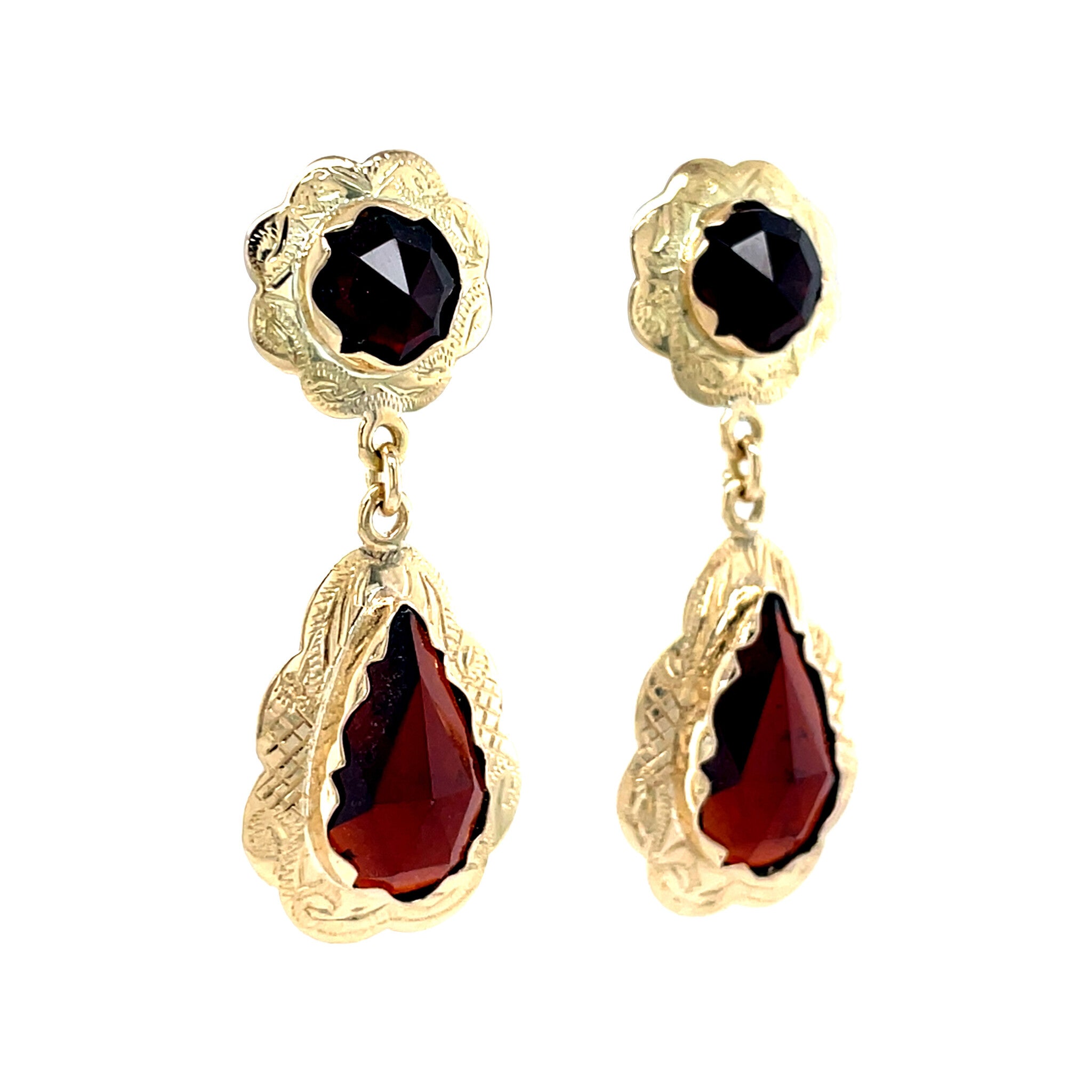 Vintage gold drop earrings with garnet, 14 kt