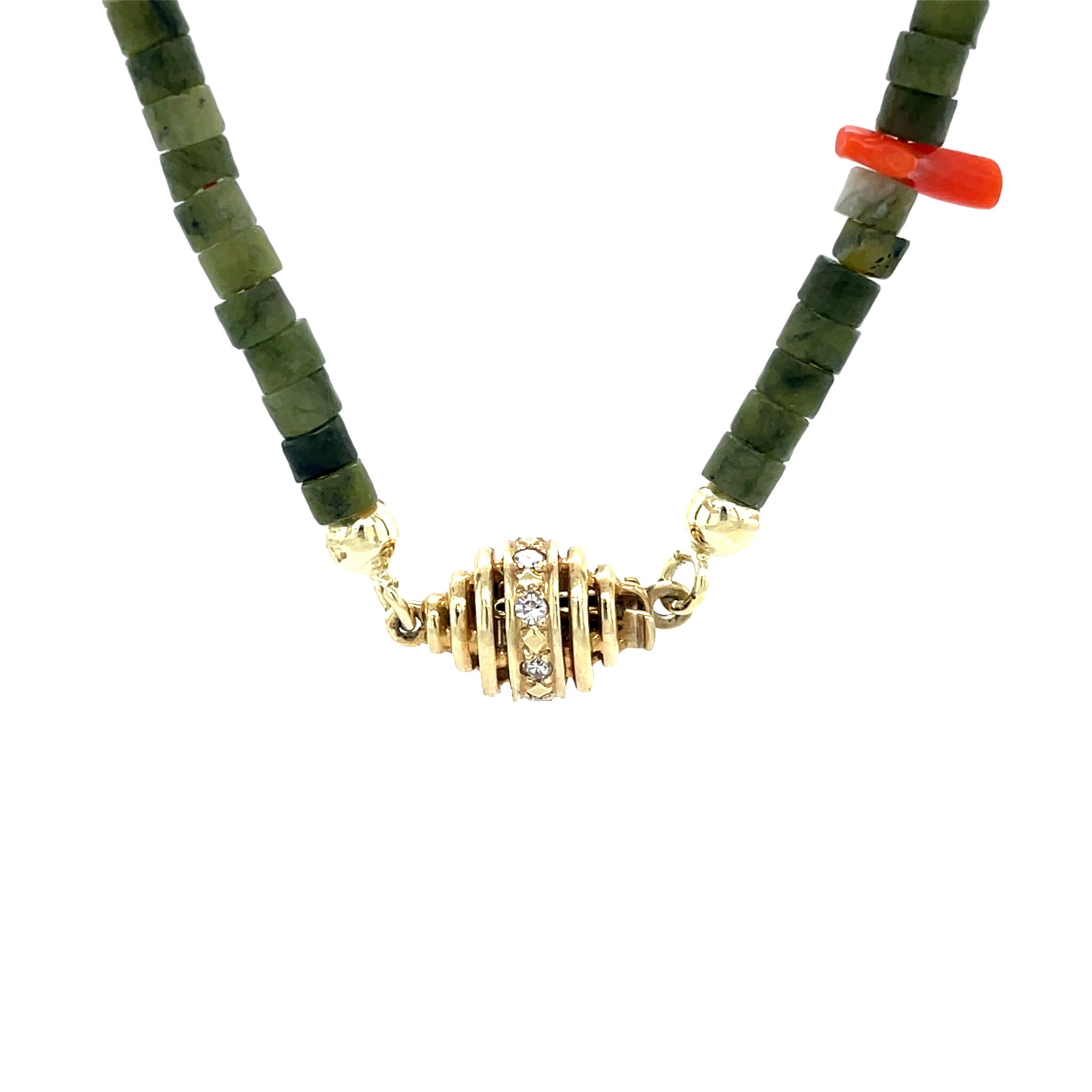 Vintage jade met bloedkoraal collier met sluiting met diamant 14 kt