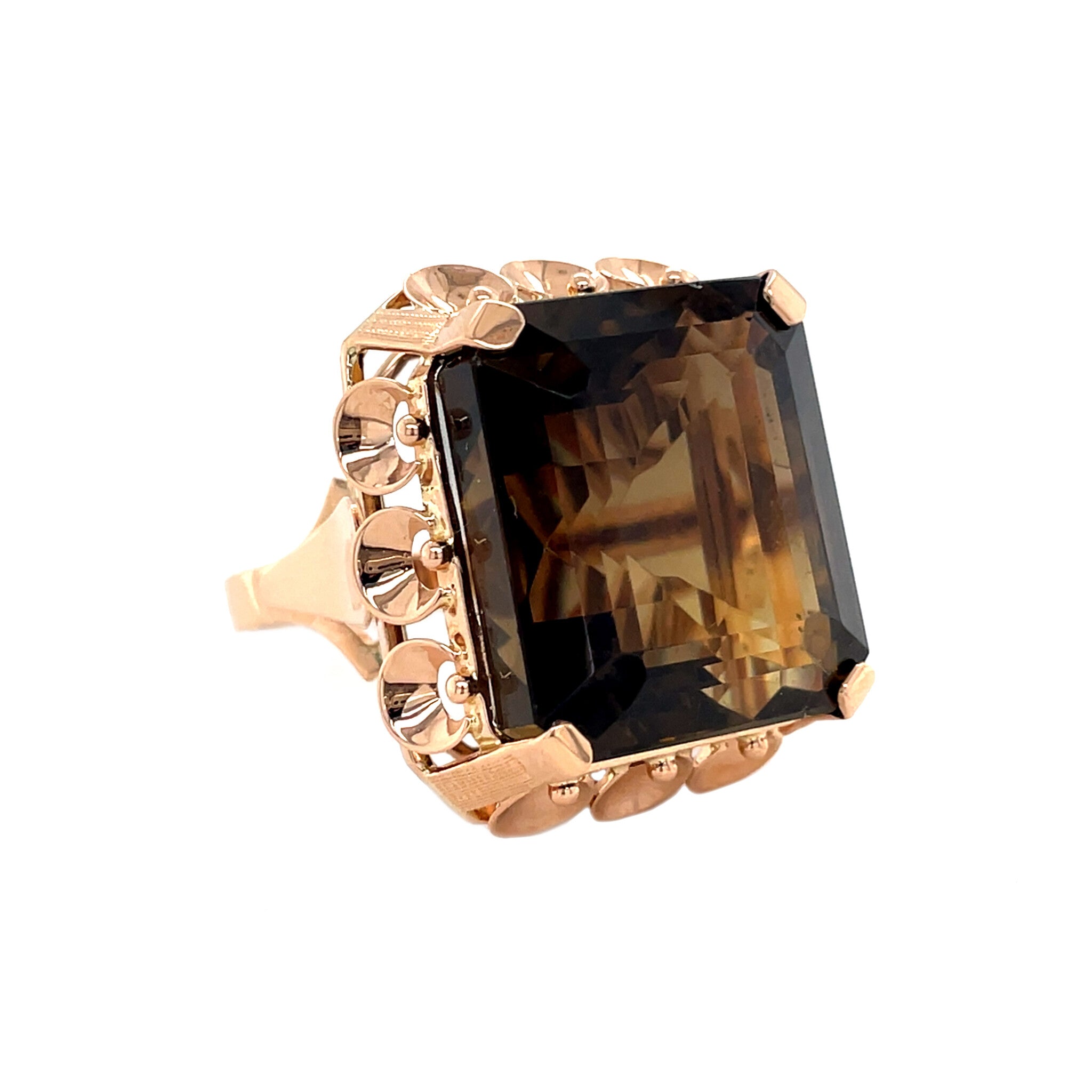 Roségouden vintage ring met rookkwarts 14 krt