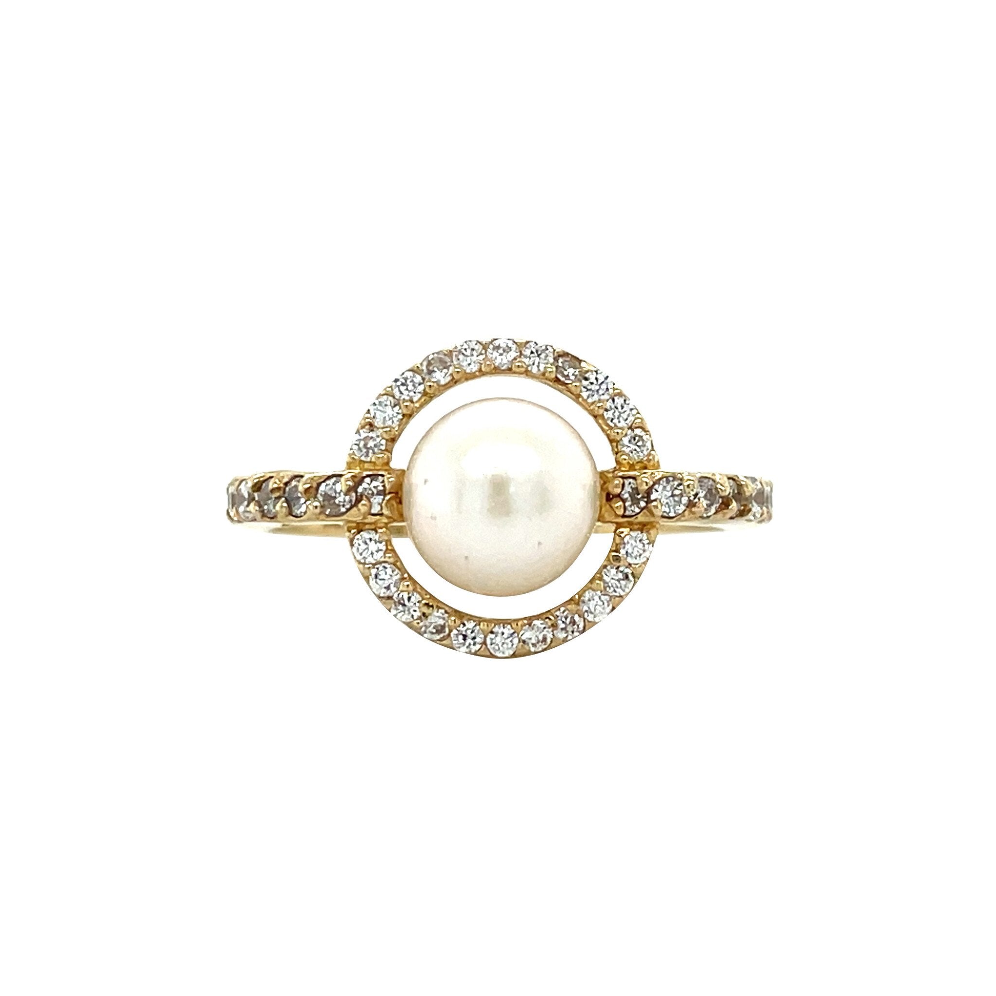 Gold vintage entourage ring with pearl and zirconia 14 kt