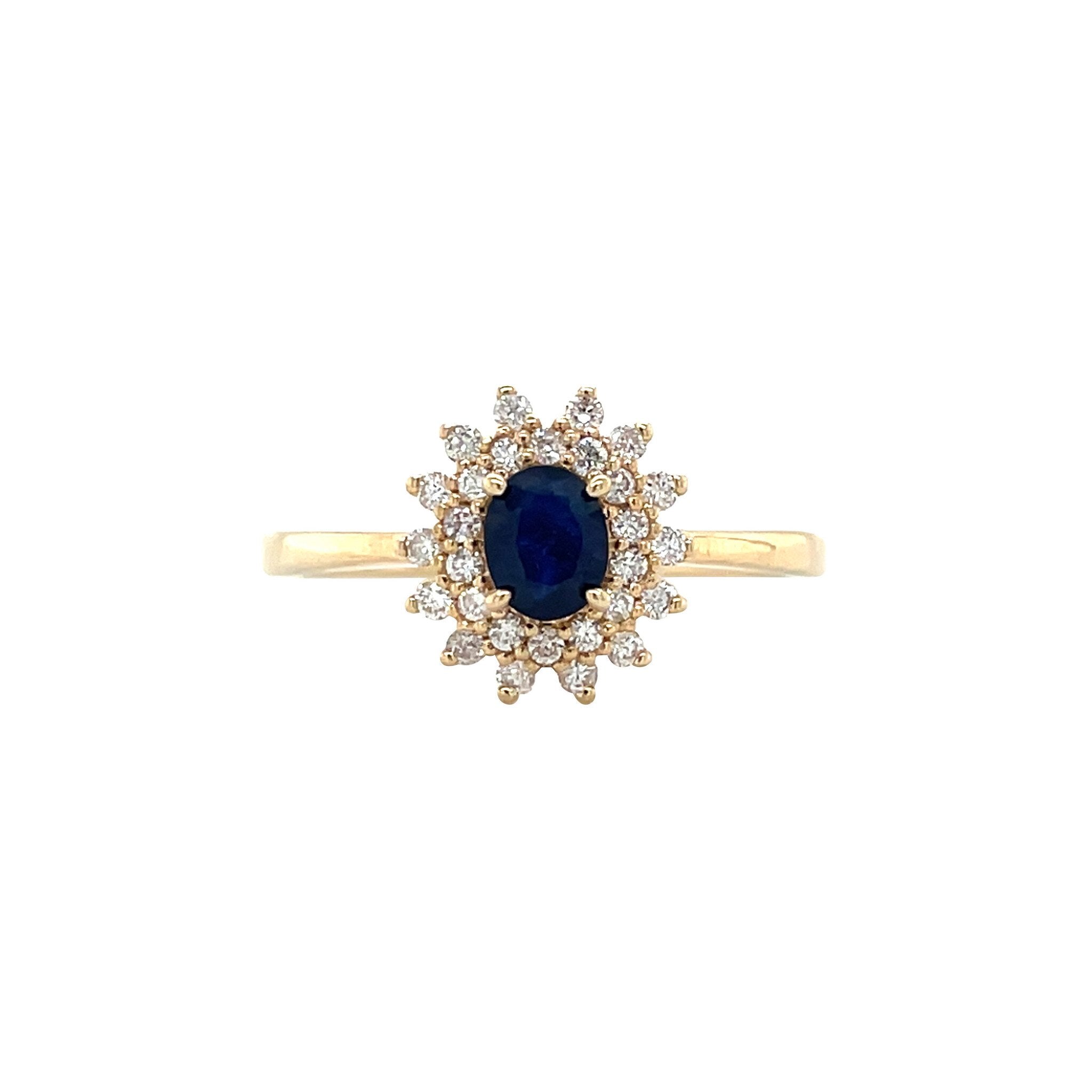 Vintage gold double-halo ring with sapphire and diamond, 14 kt