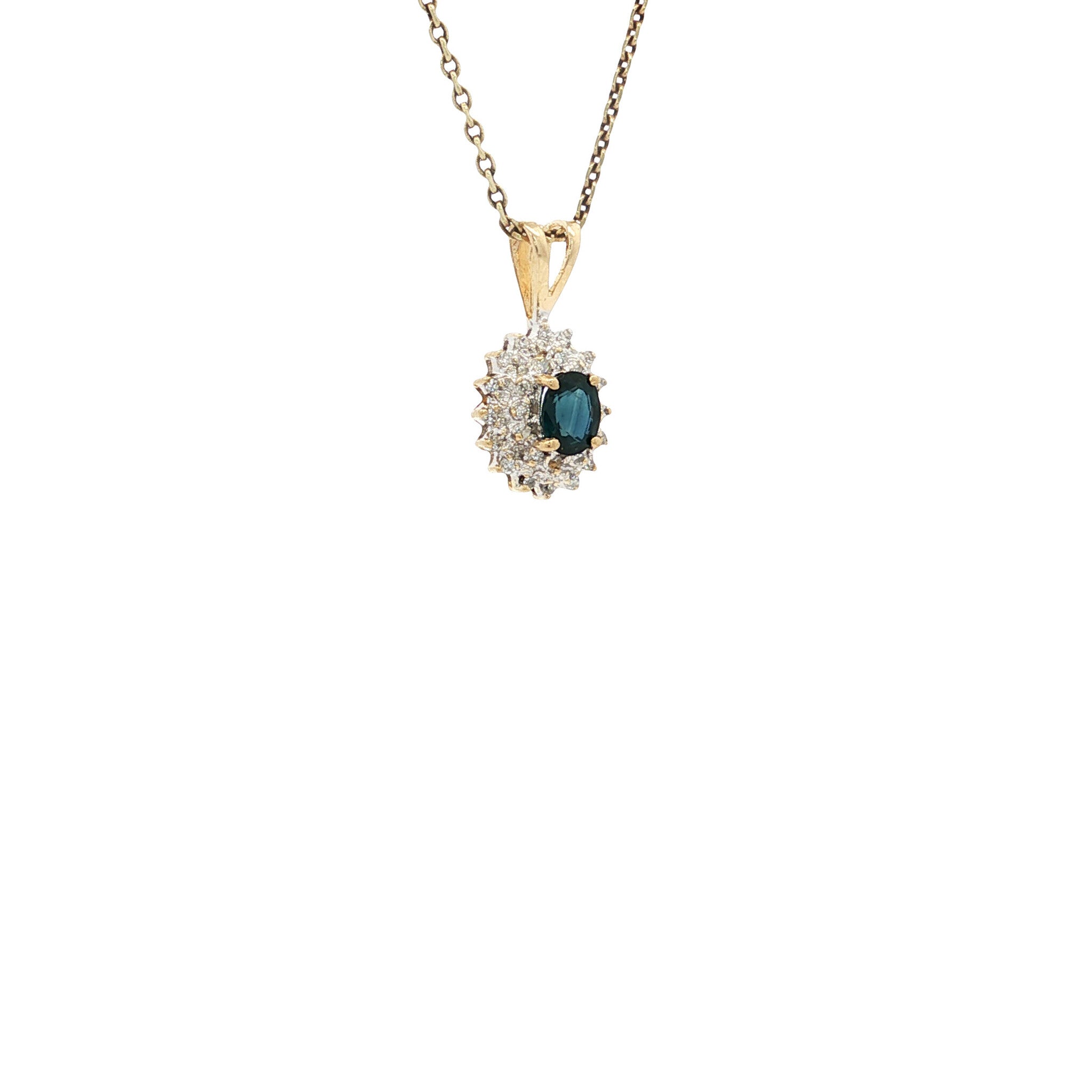 Gold vintage entourage pendant with sapphire and diamond 14 kt