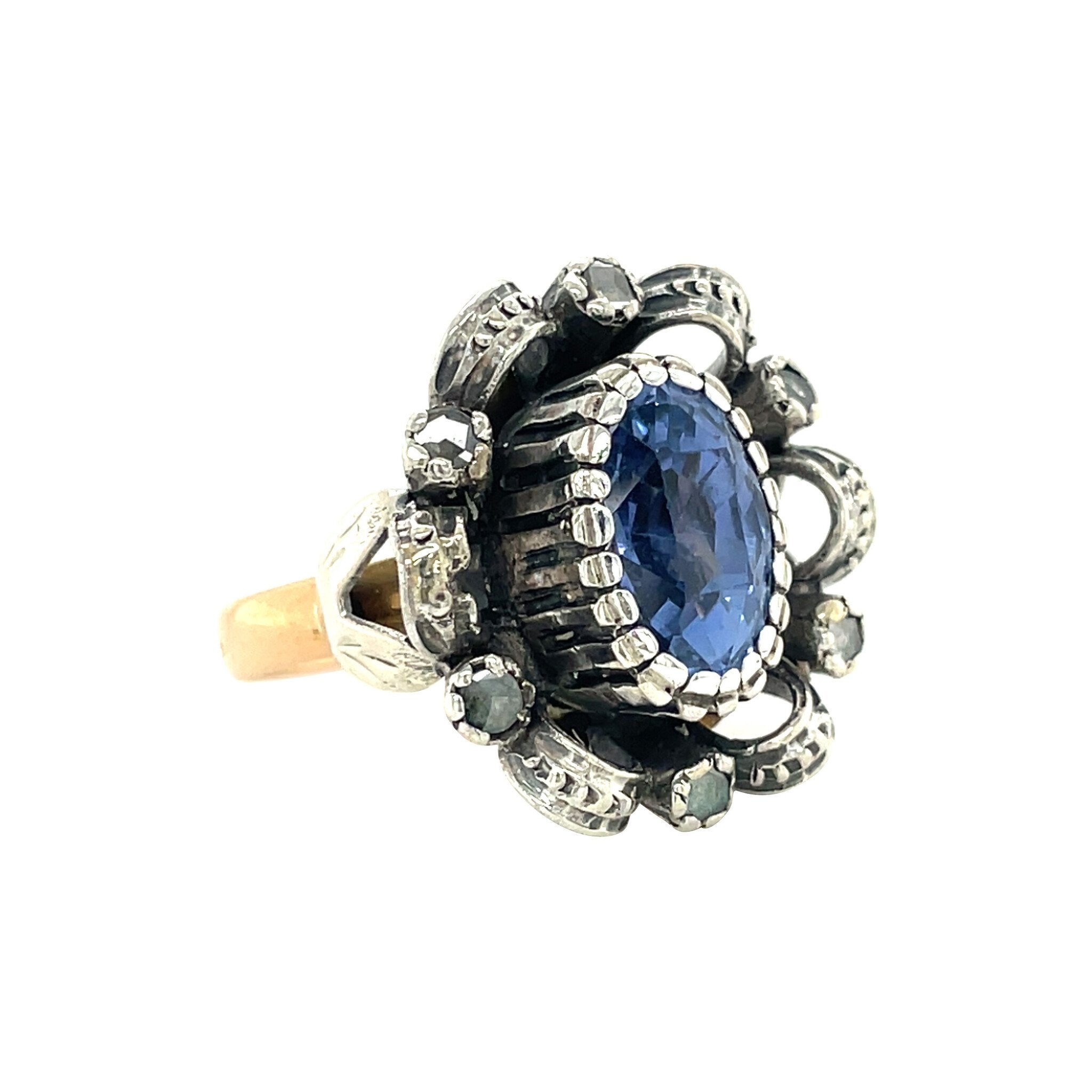Gouden vintage ring met saffier en roosdiamant 14 kt/925