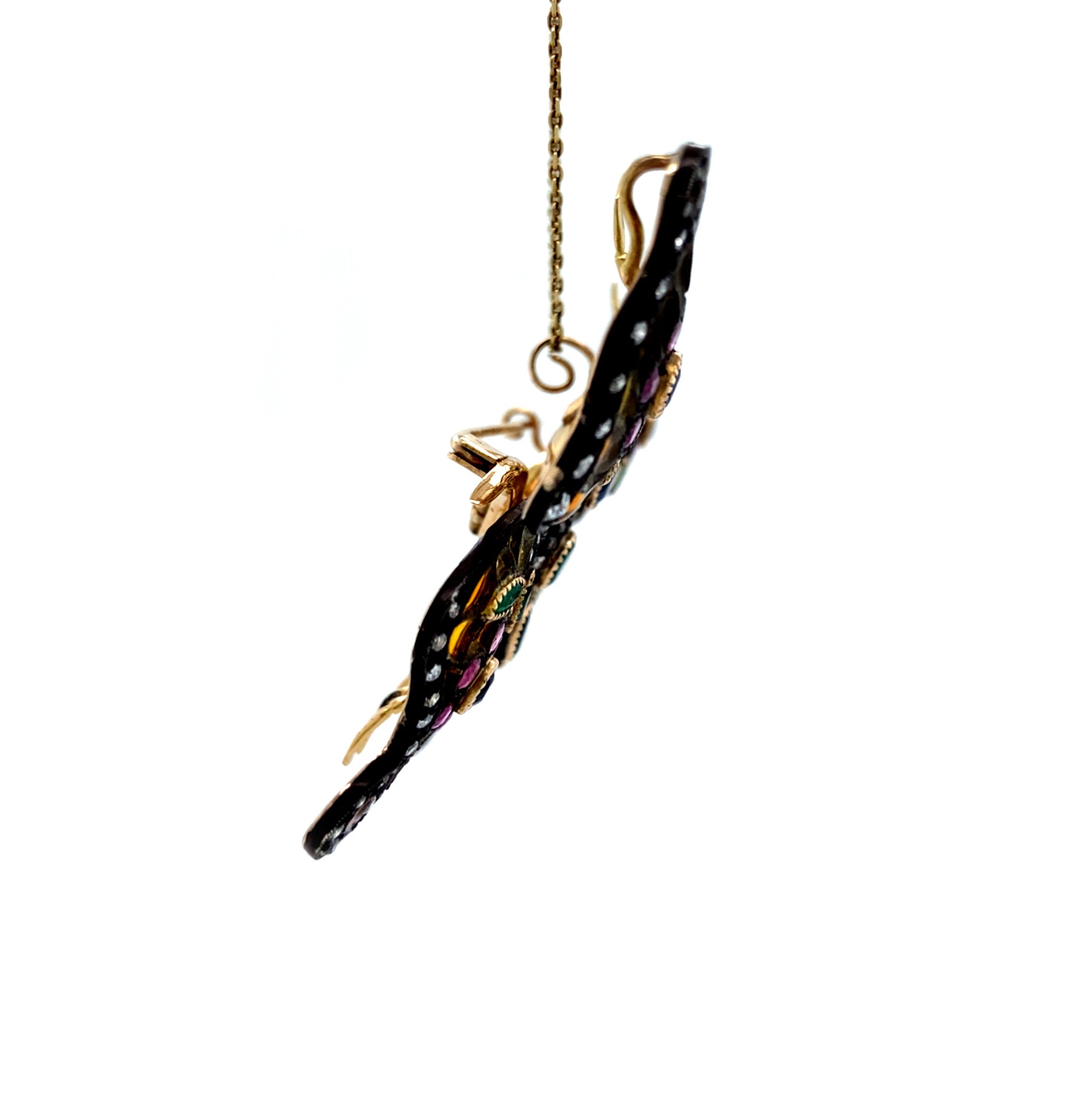 Vintage gold butterfly pendant with sapphire, emerald, ruby, enamel and diamond 14 kt/925
