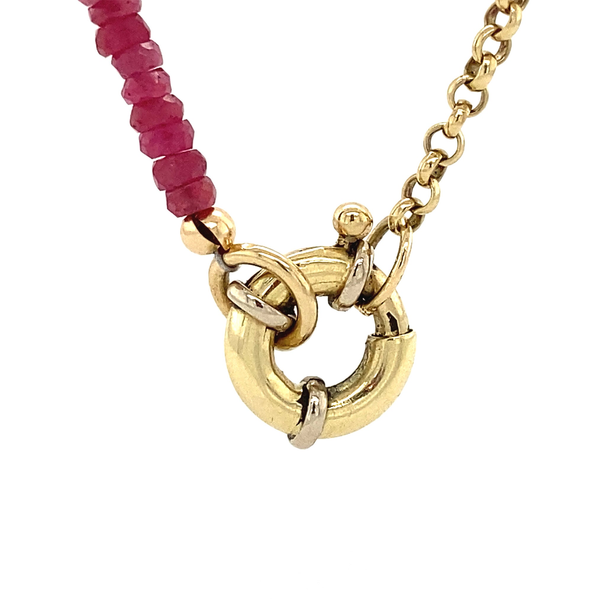 Robijn, smaragd en saffier collier 14 krt