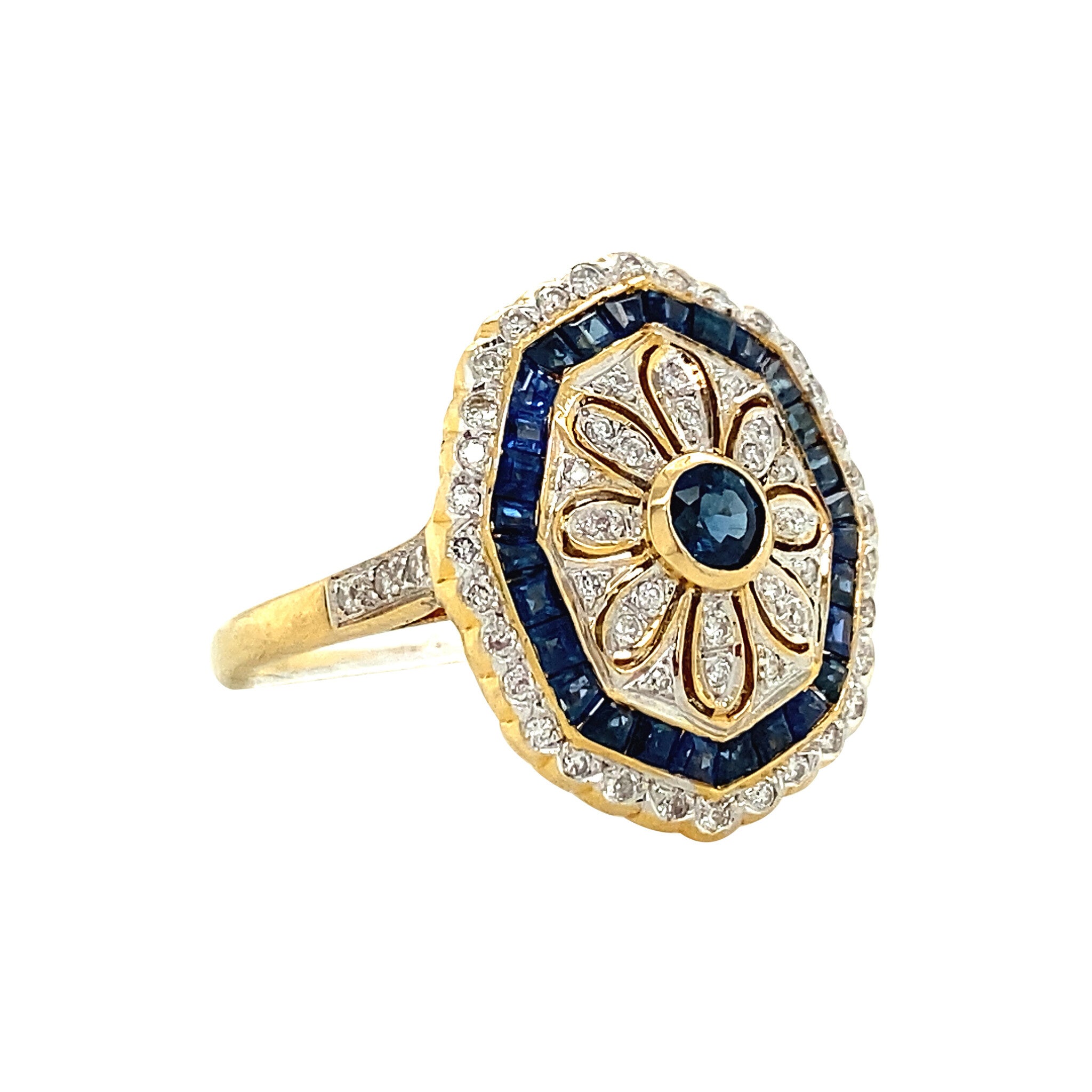 Gouden ring met saffier en diamant 18 krt
