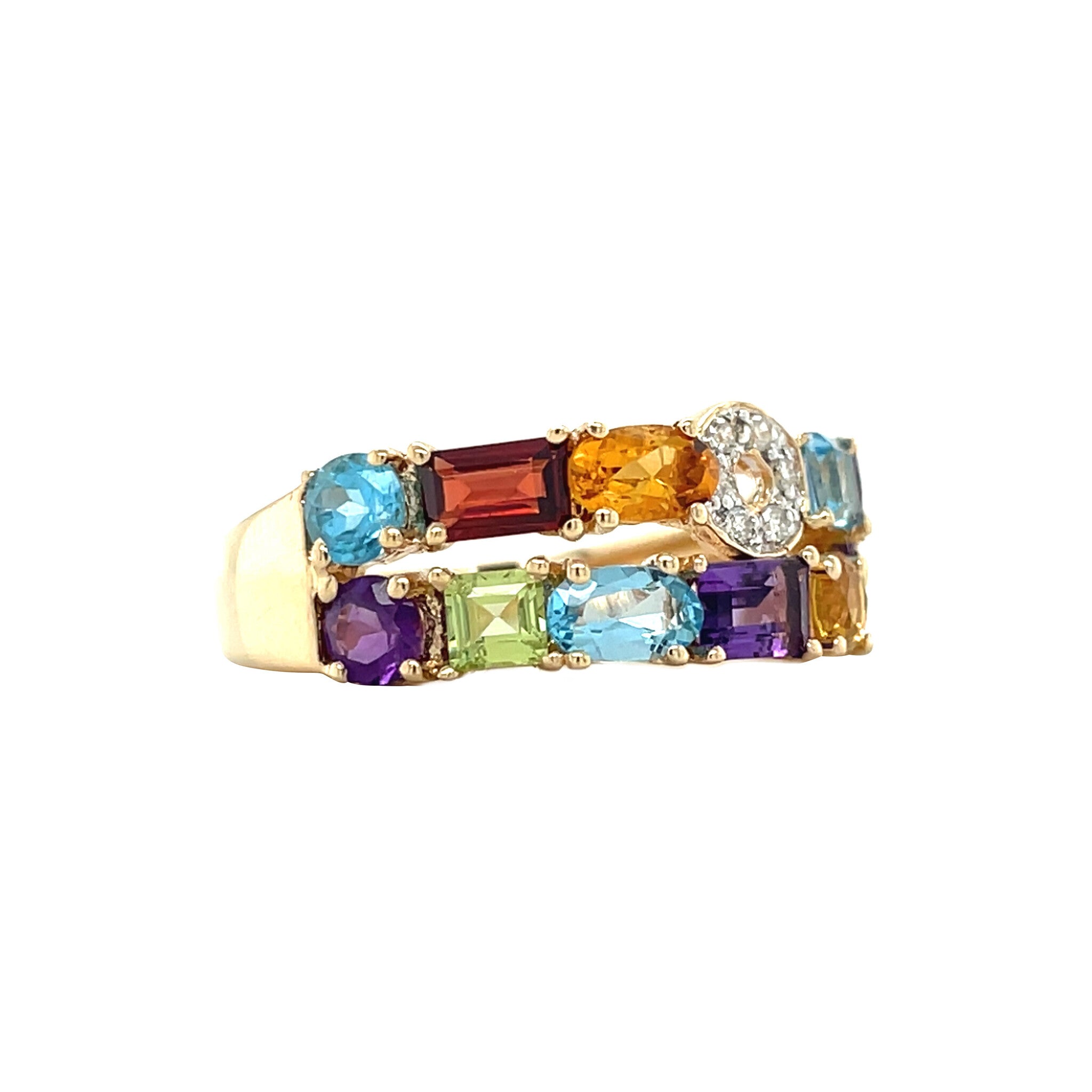 Gouden vintage ring met granaat, amethist, peridoot, citrien, topaas en diamant 14 kt