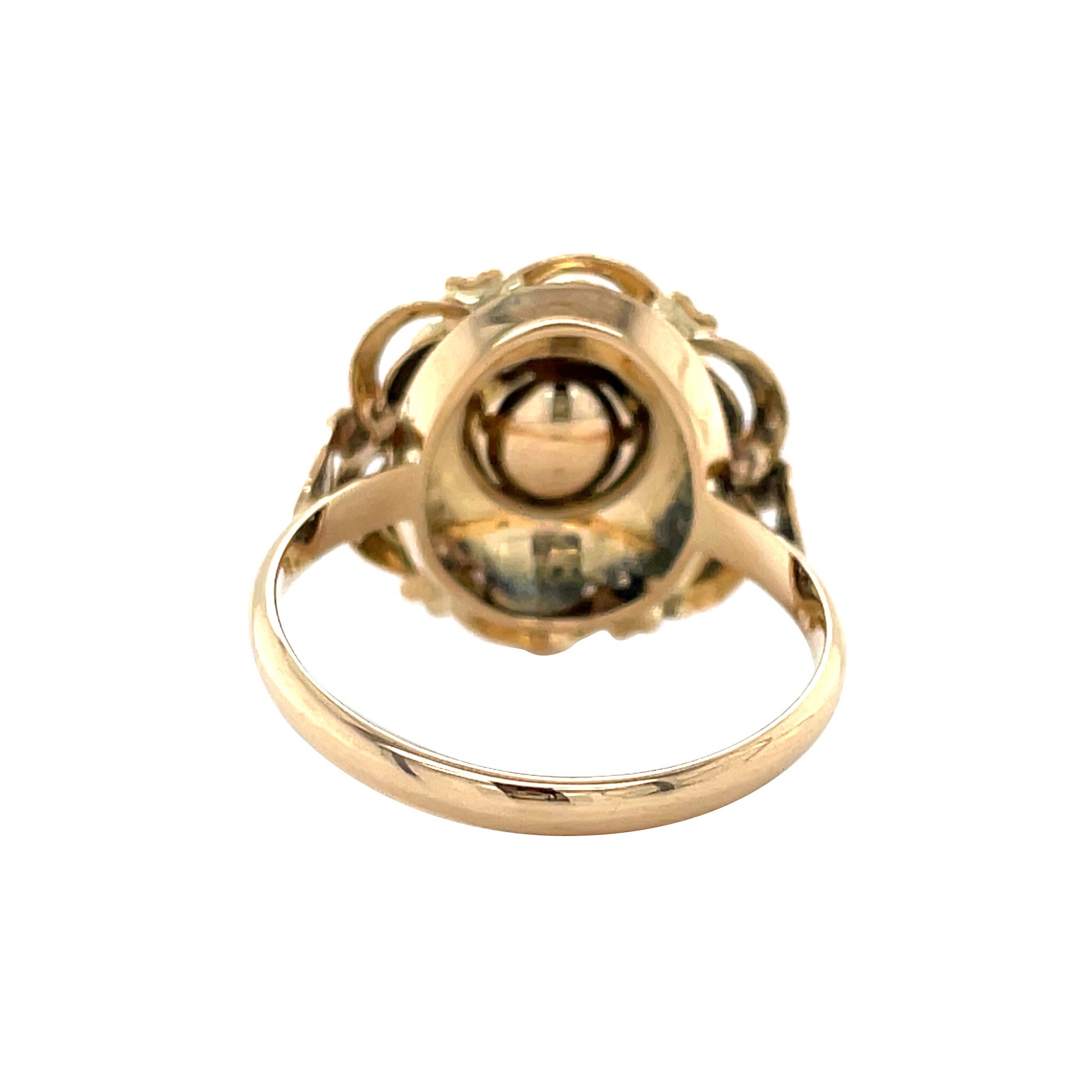 Gouden vintage entourage ring met parel en granaat 14 krt