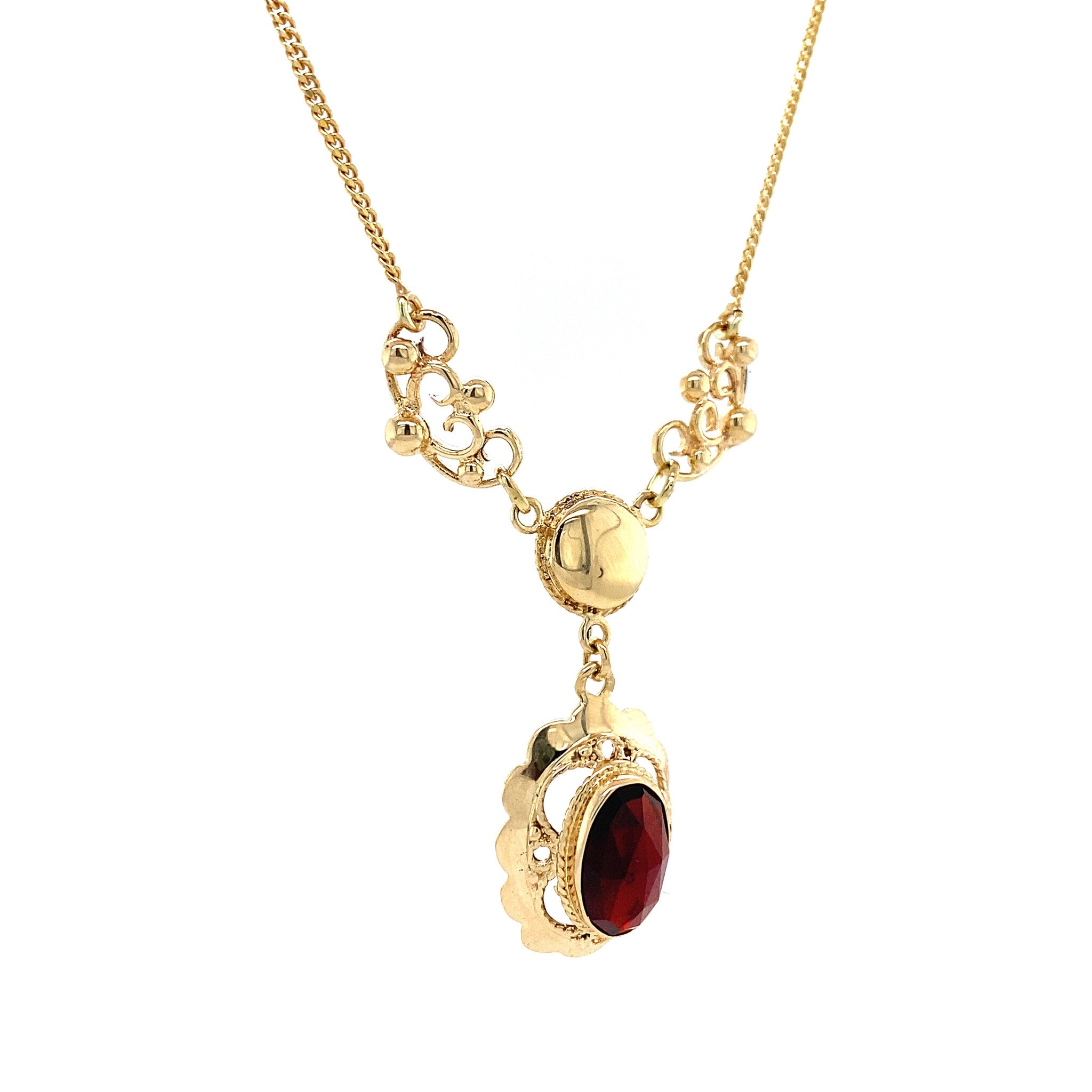 Gouden fantasie collier met granaat 42 cm 14 krt