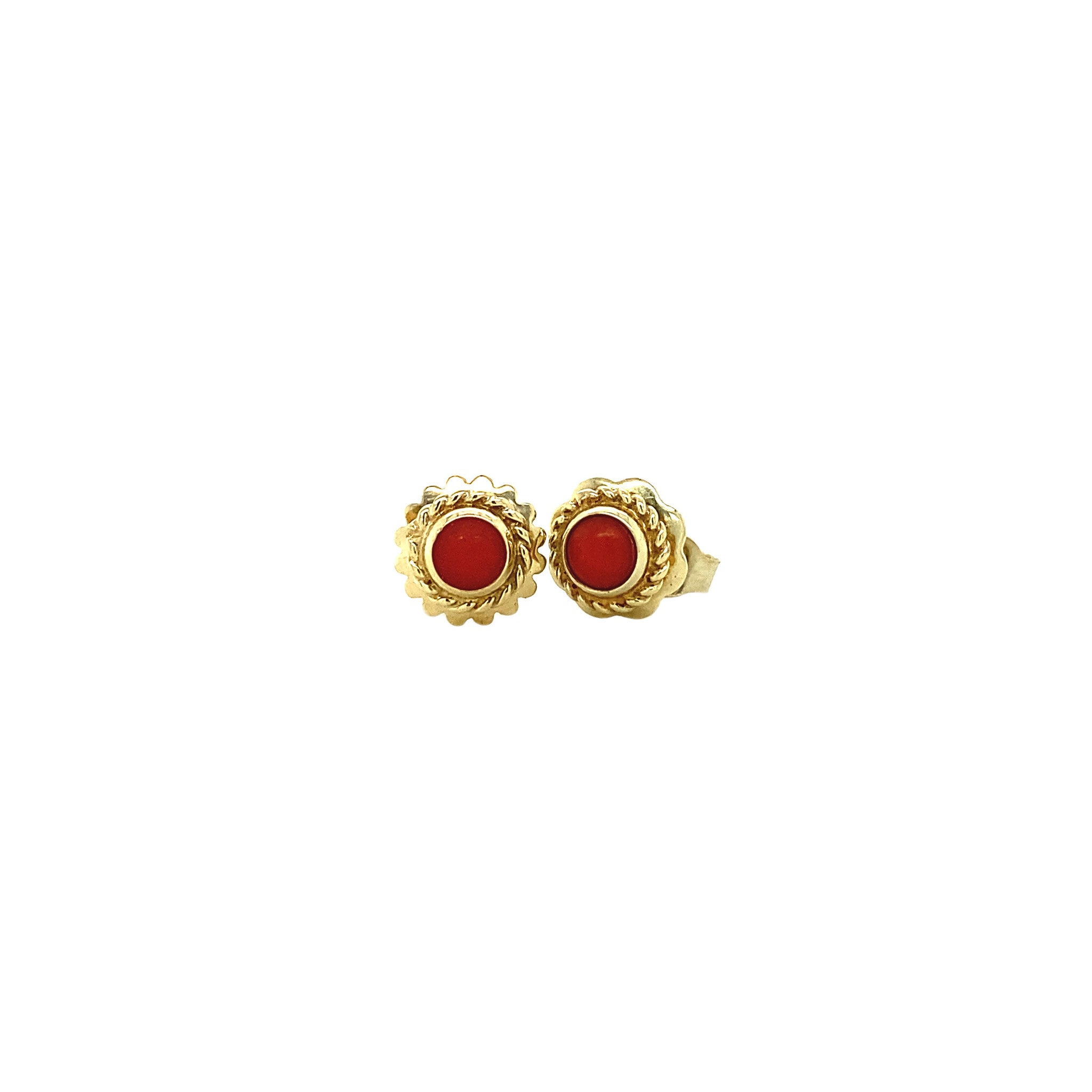 14 kt gold stud earrings with blood coral