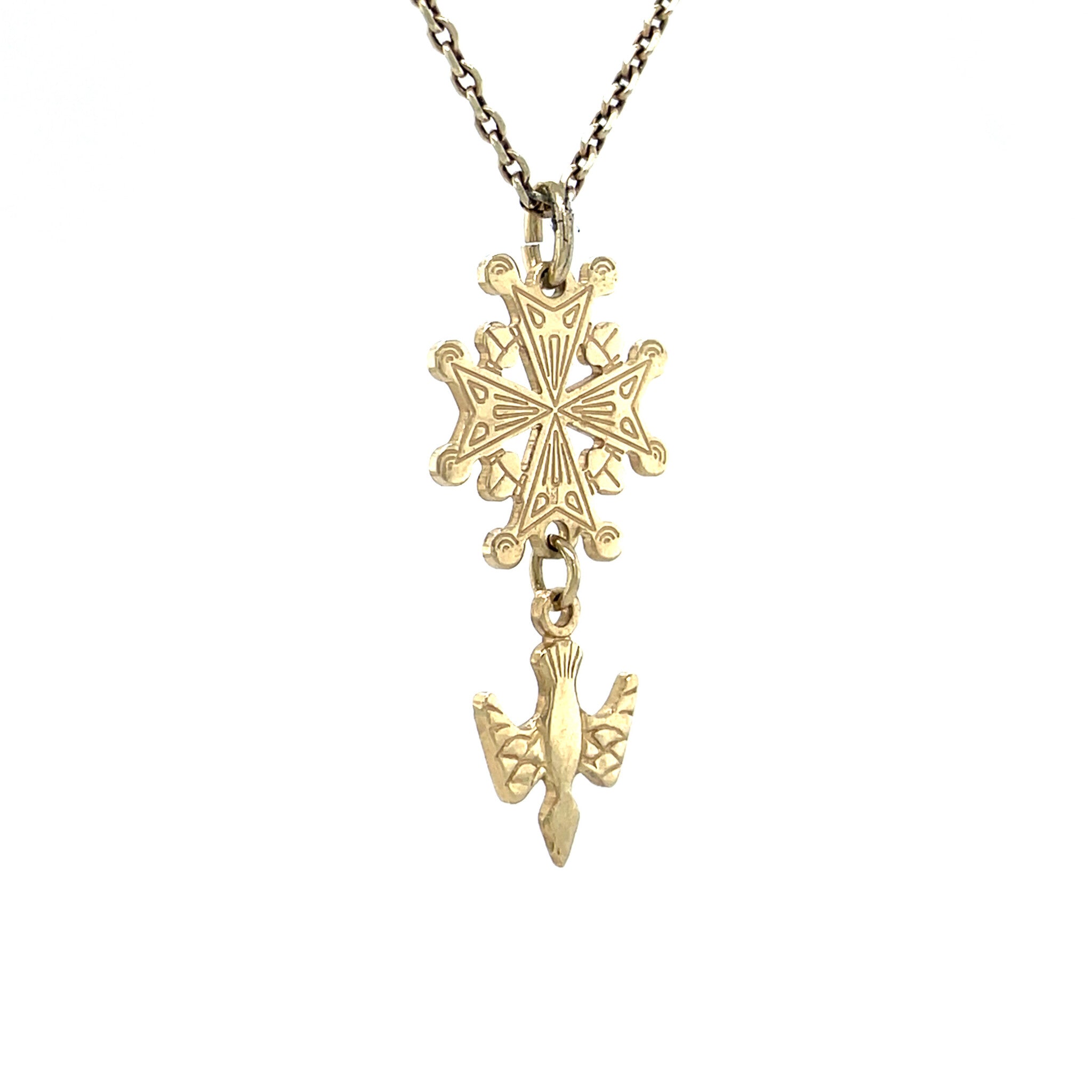 Gold vintage Huguenot cross pendant 14 krt