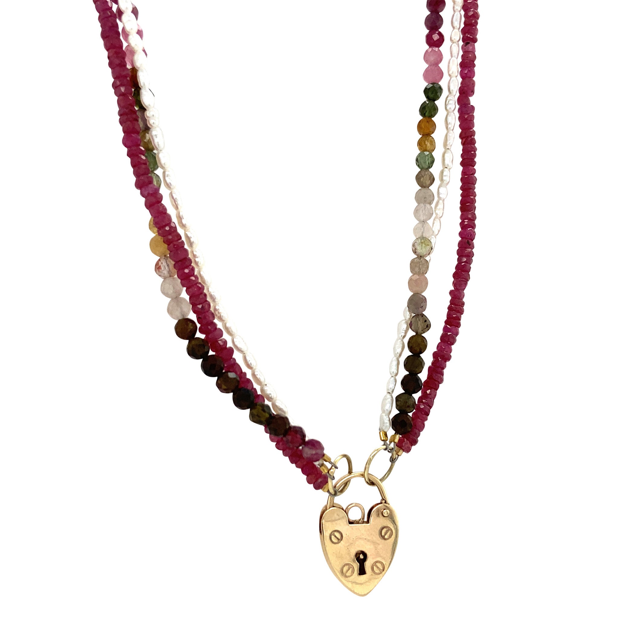 Ruby, tourmaline and pearl necklace with heart clasp, 41 cm, 9 kt