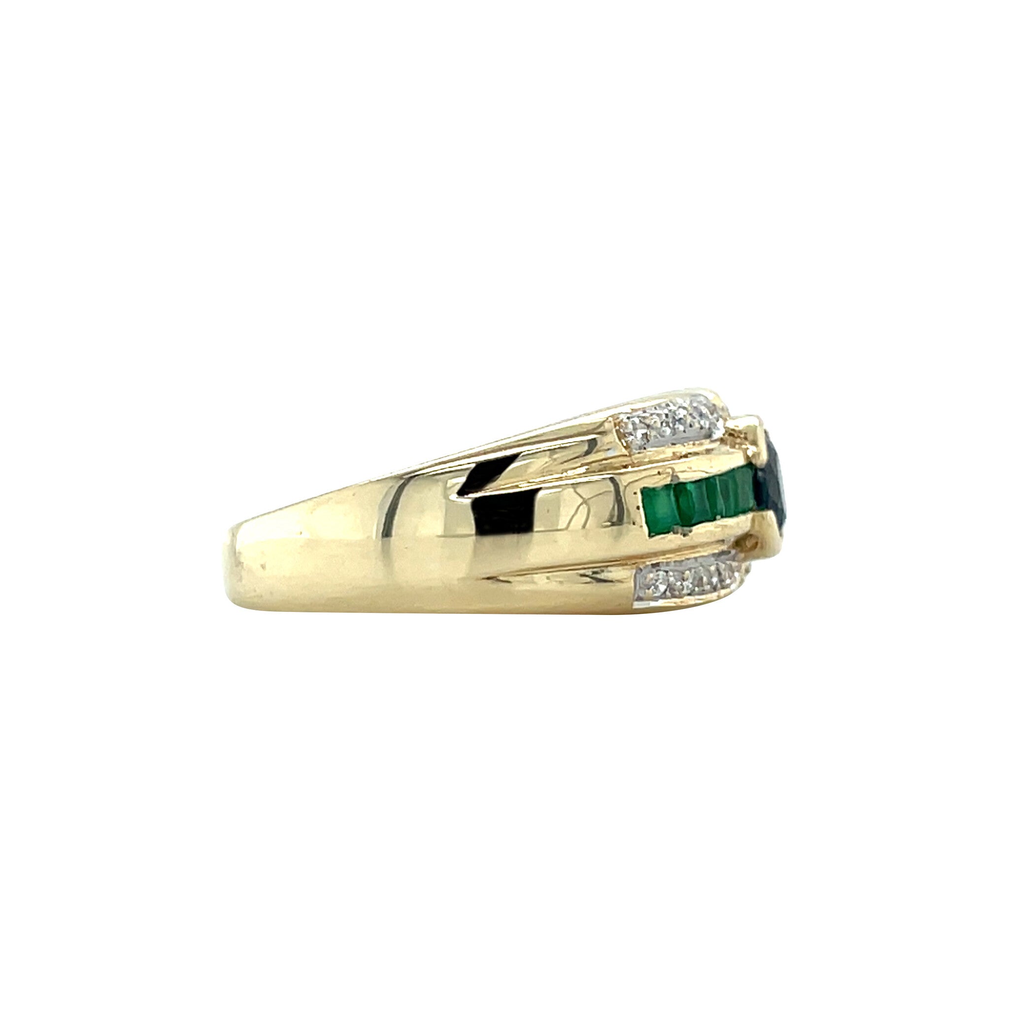 Gouden vintage ring met smaragd, saffier en diamant 14 kt