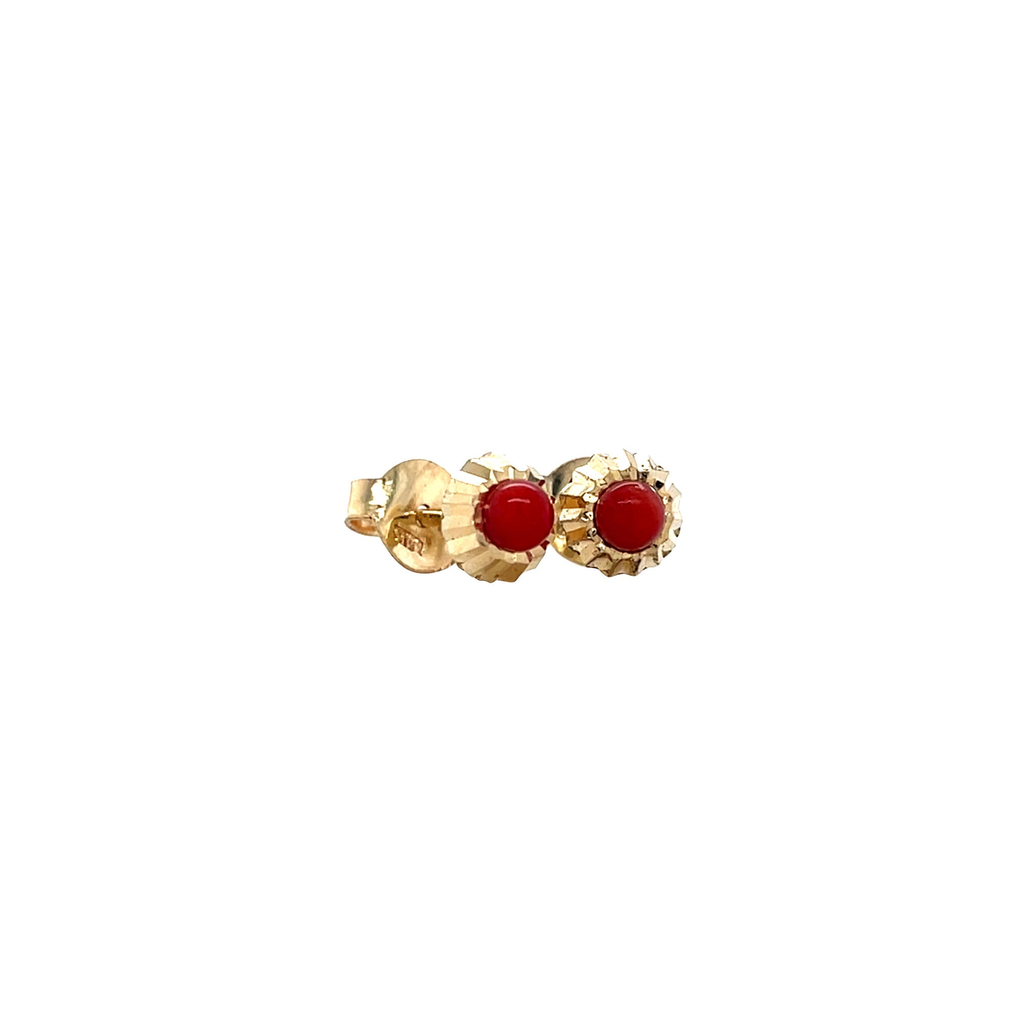 Gold solitaire stud earrings with blood coral 14 ct