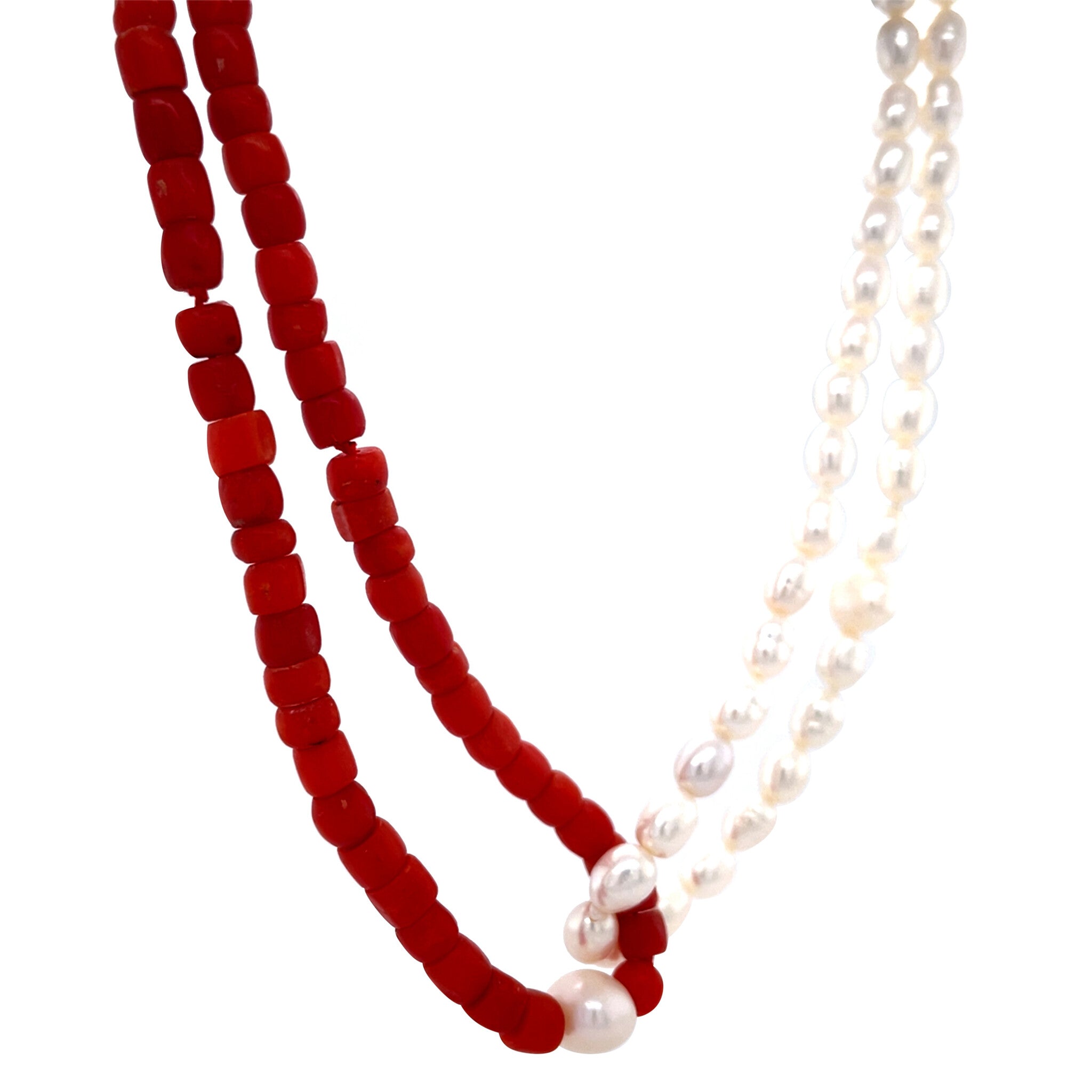Blood coral and pearl necklace with gold clasp 14 kt