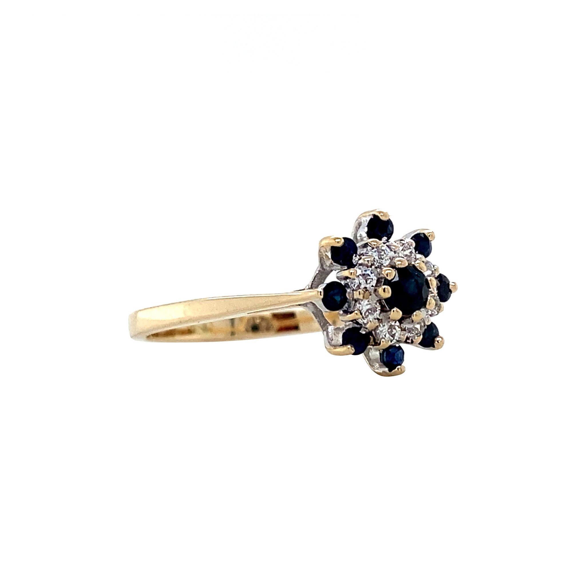 Gouden vintage entourage ring met saffier en diamant 14 krt