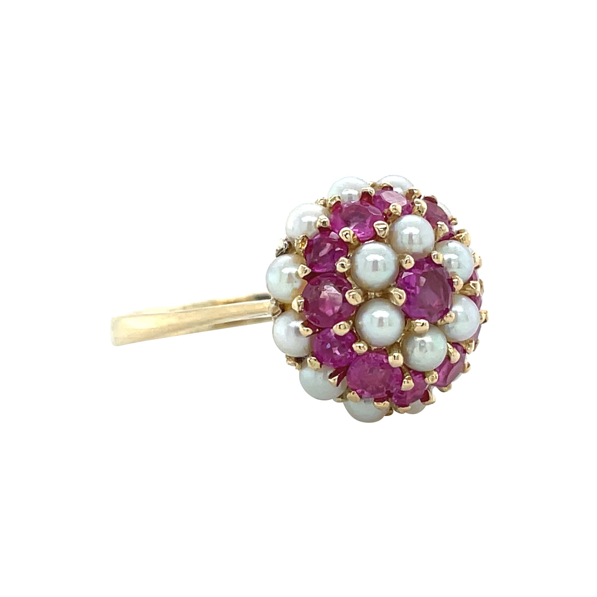 Gold vintage cluster mid century ring ruby and pearl 14 kt