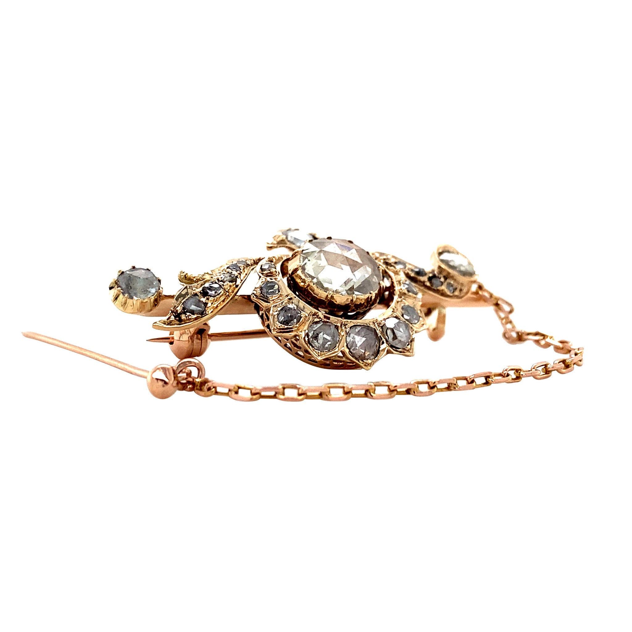 Gouden vintage broche met roosdiamant 14 krt