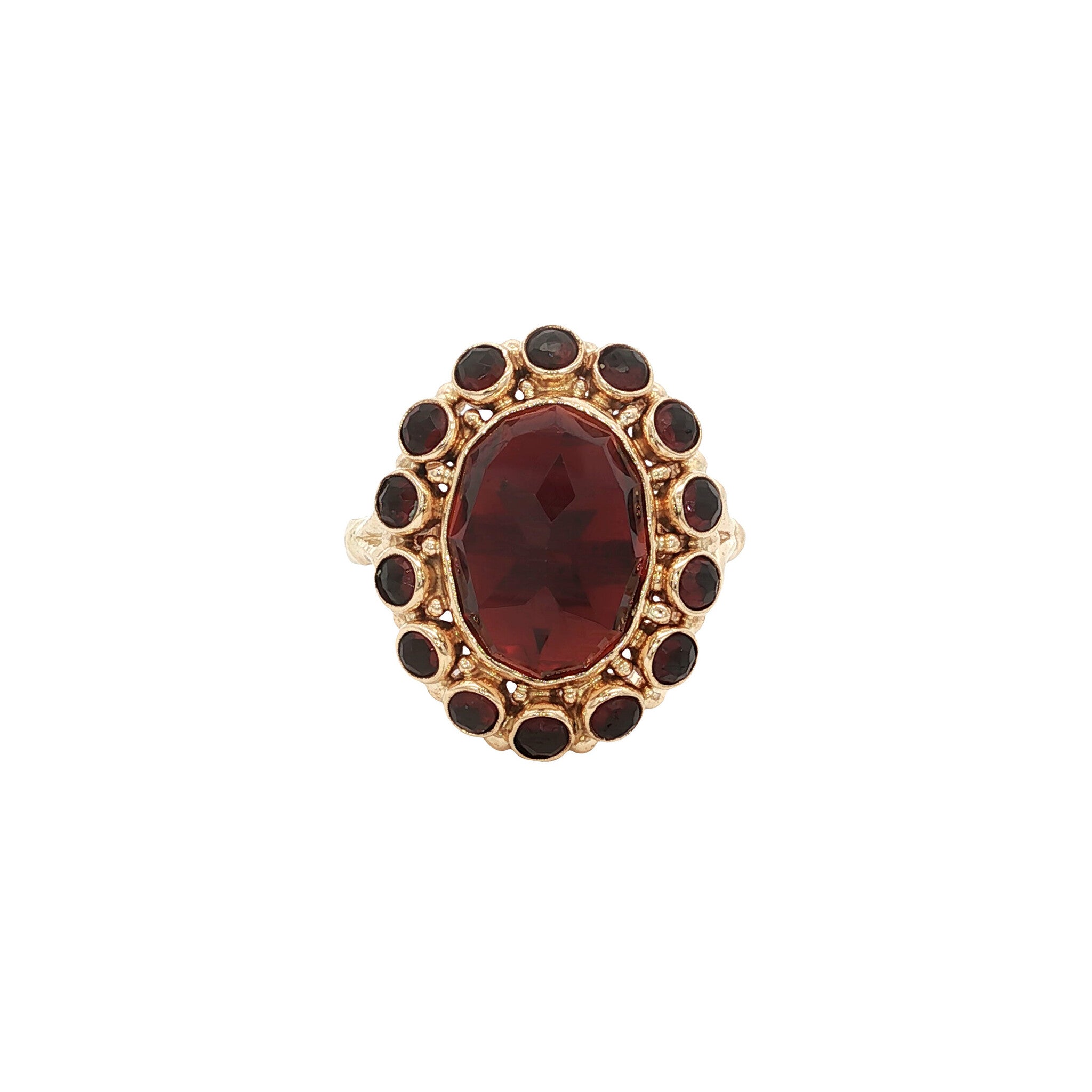 Gouden vintage entourage ring met granaat 14 kt