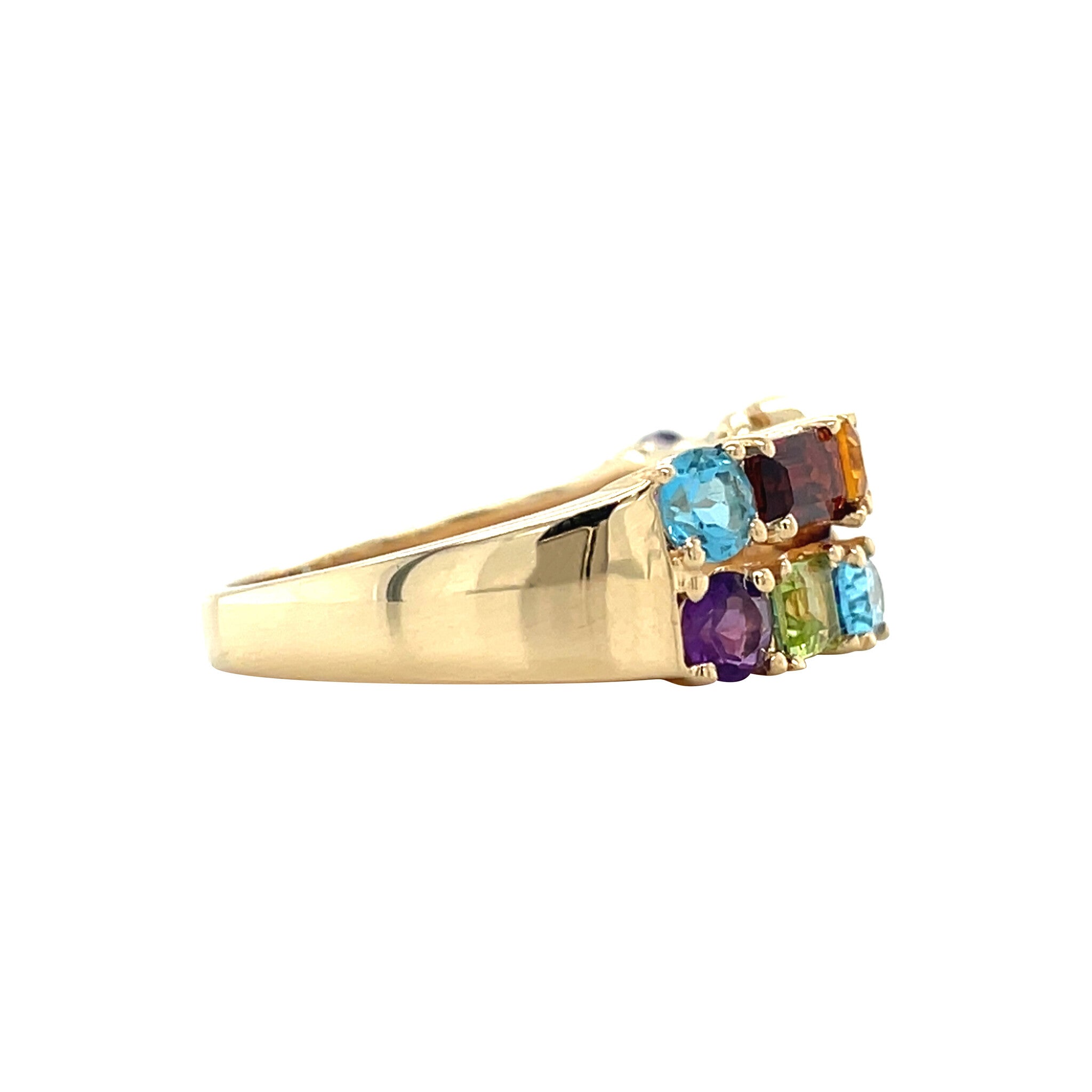 Gouden vintage ring met granaat, amethist, peridoot, citrien, topaas en diamant 14 kt