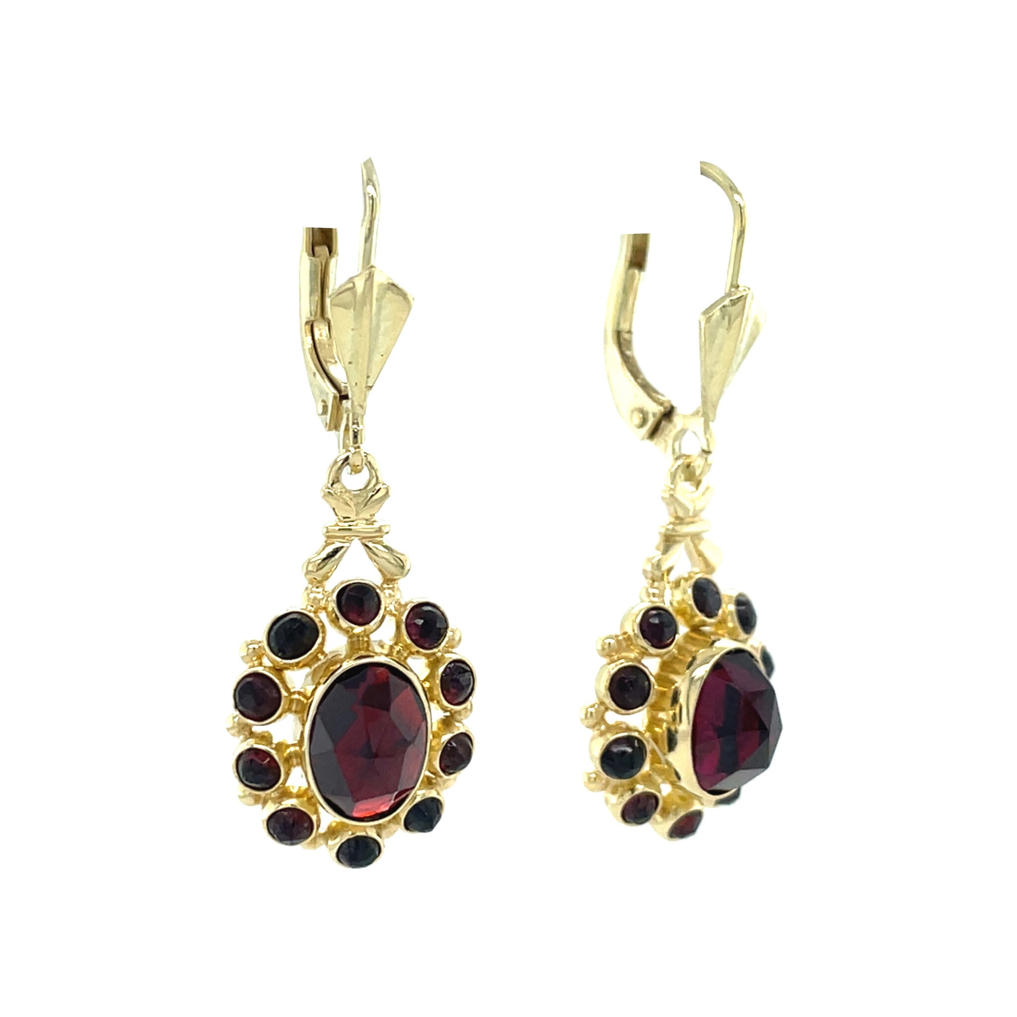 Gouden vintage entourage oorhangers met granaat 14 kt