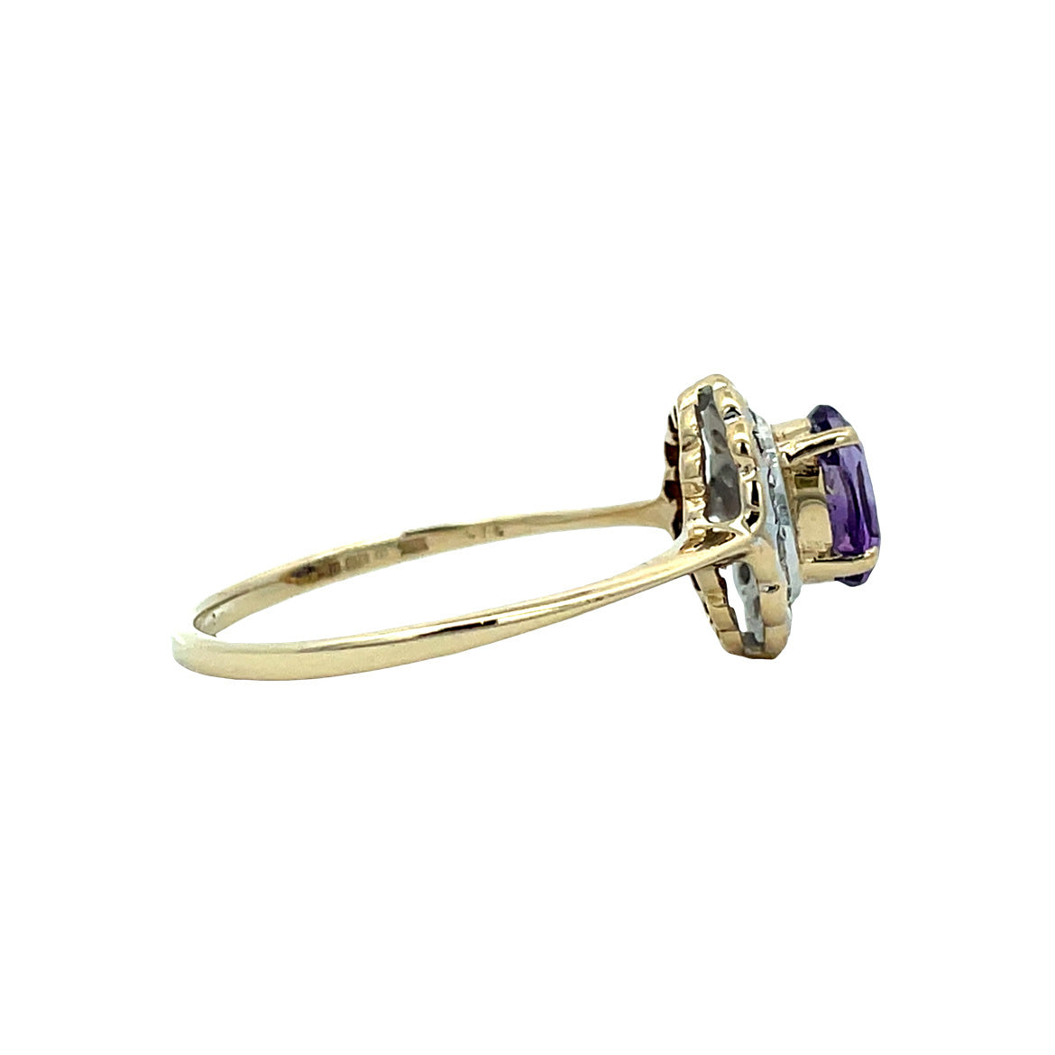 Vintage entourage ring met amethist en diamant 9 kt