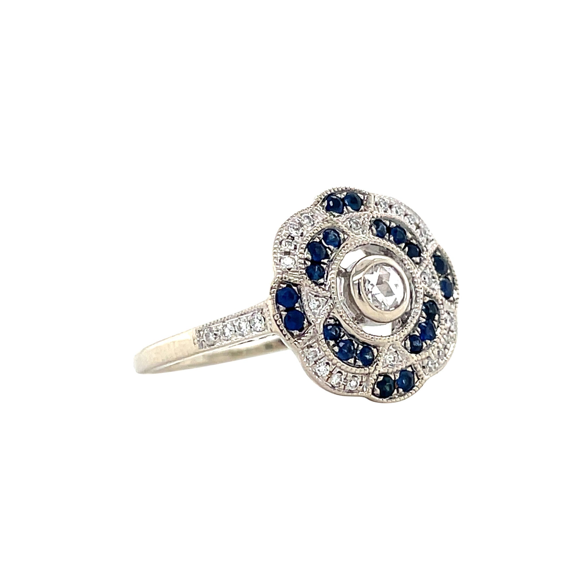 Vintage white gold double halo ring with sapphire and diamond, 14 kt