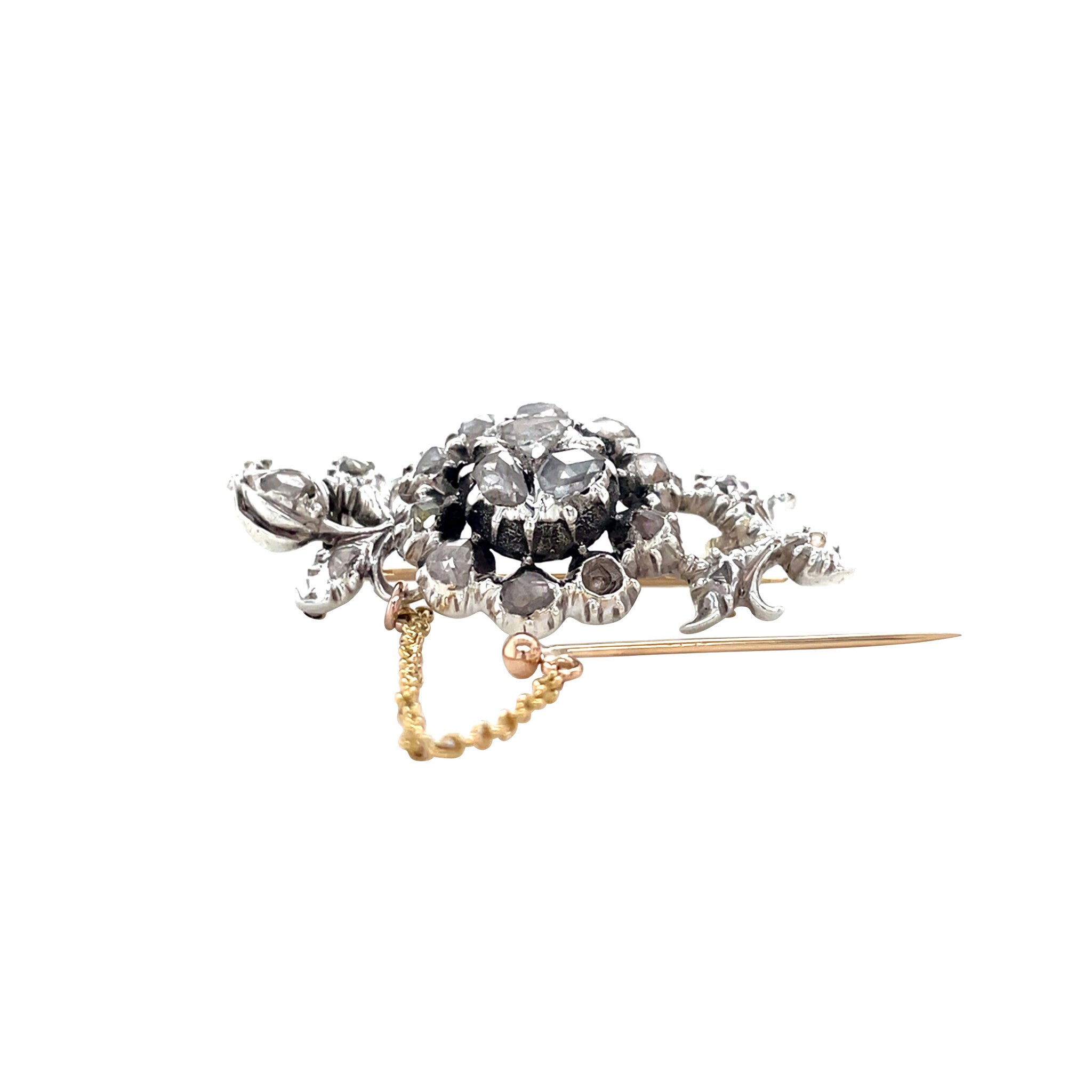 Vintage gold cluster brooch with rose-cut diamond, 14 kt/925