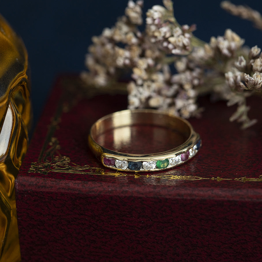 Vintage gold multi-stone ring with ruby, sapphire, agate and zirconia, 14 kt