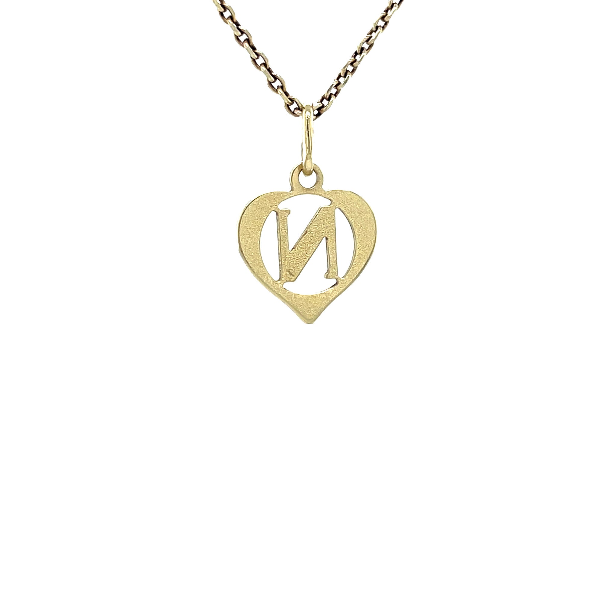 Gouden vintage hart hanger met letter N 14 krt
