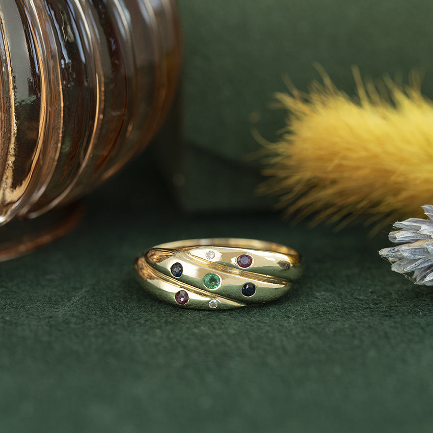 Gold vintage ring with ruby, emerald, sapphire and diamond 14 kt