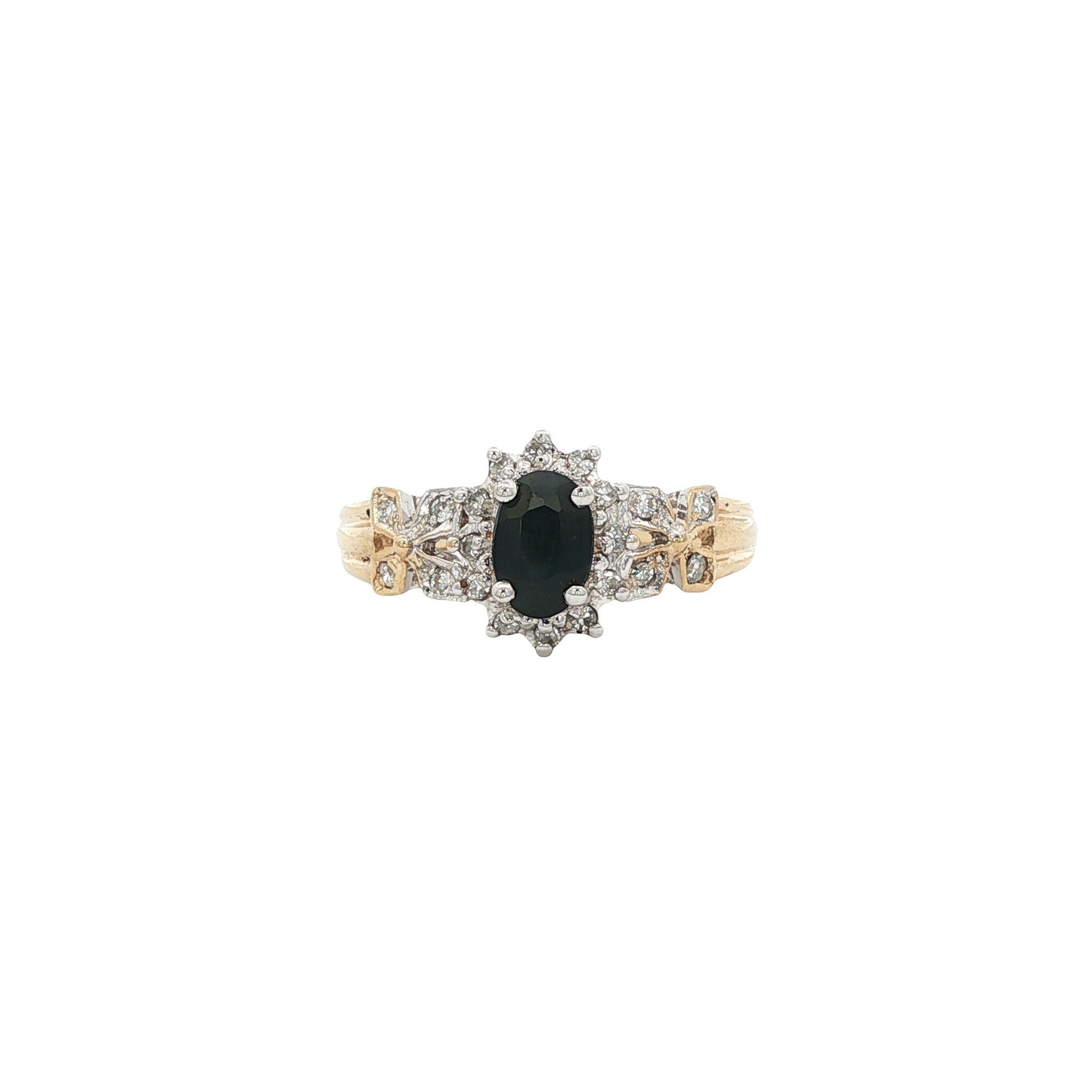 Gouden vintage entourage ring met saffier en diamant 14 kt