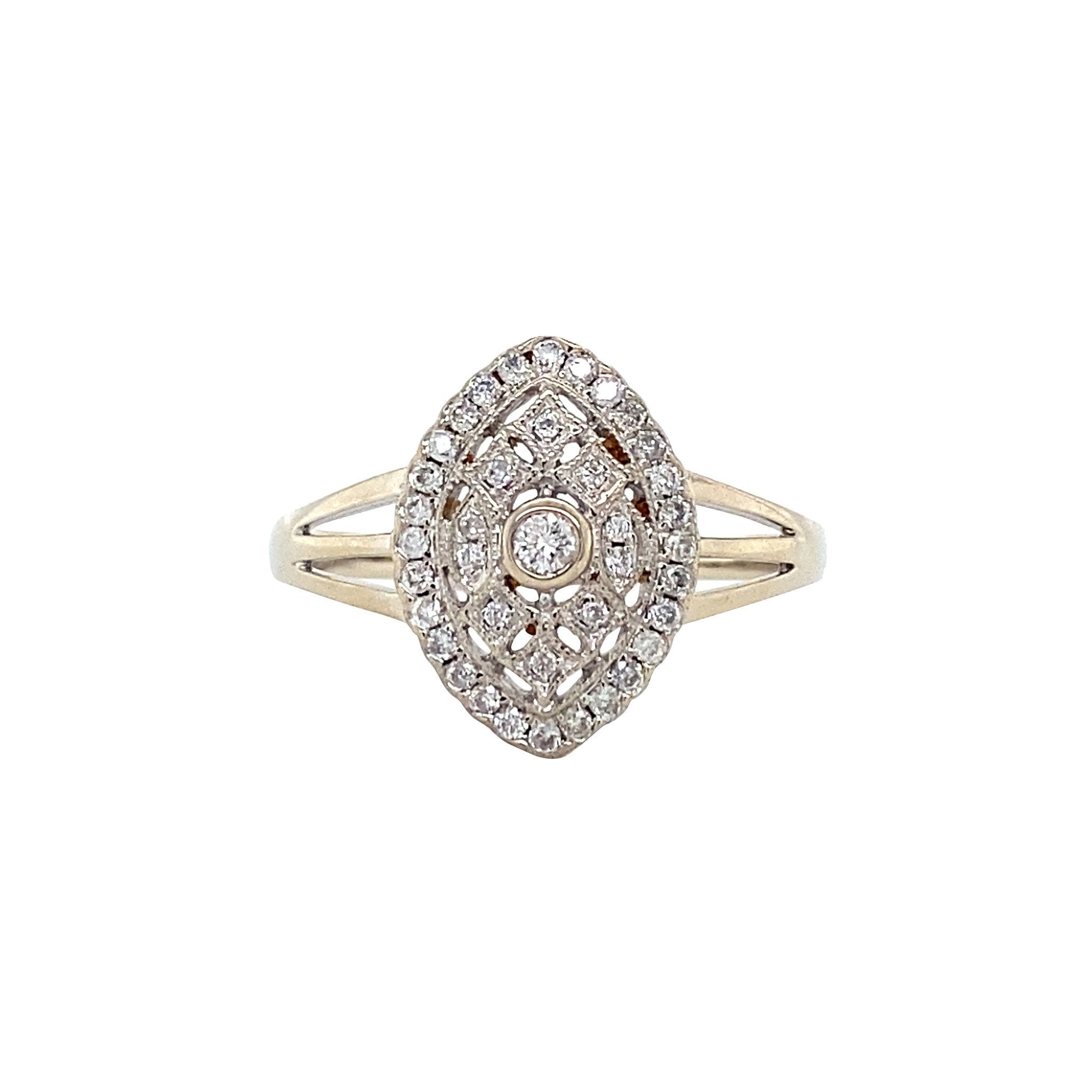 Vintage white gold double halo ring with diamond, 14 kt