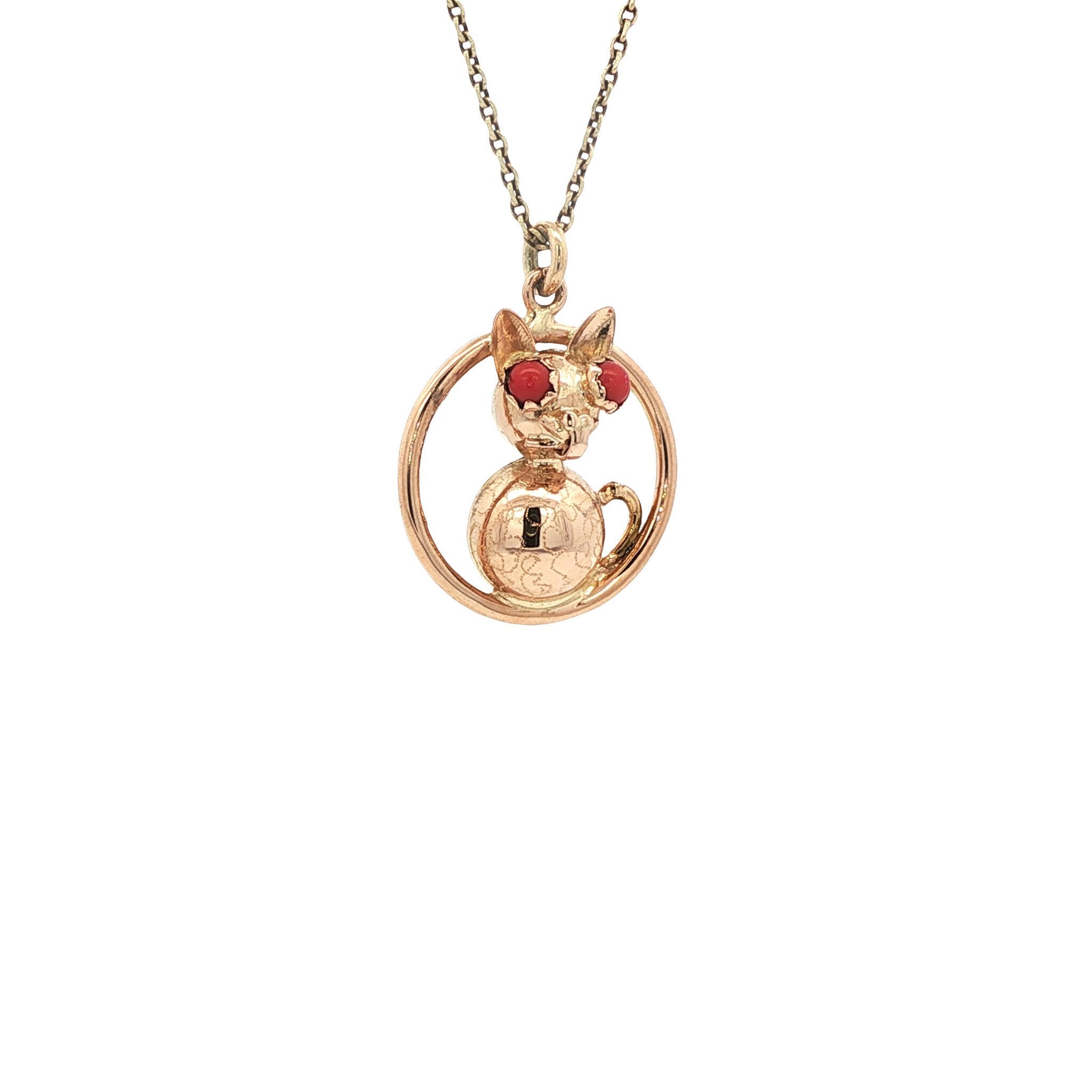 Gouden vintage kat hanger met kleursteen 14 kt