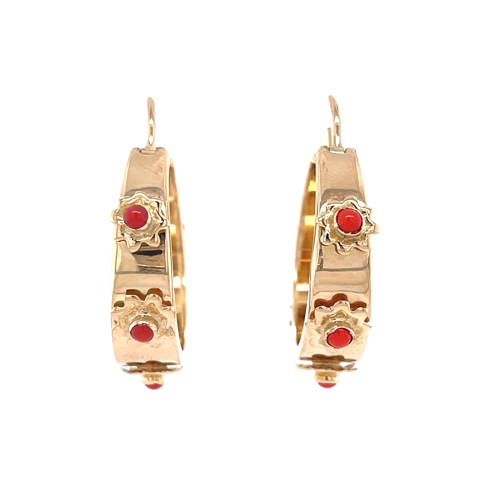 Rose-gold vintage hoop earrings with colored gemstone 14 kt