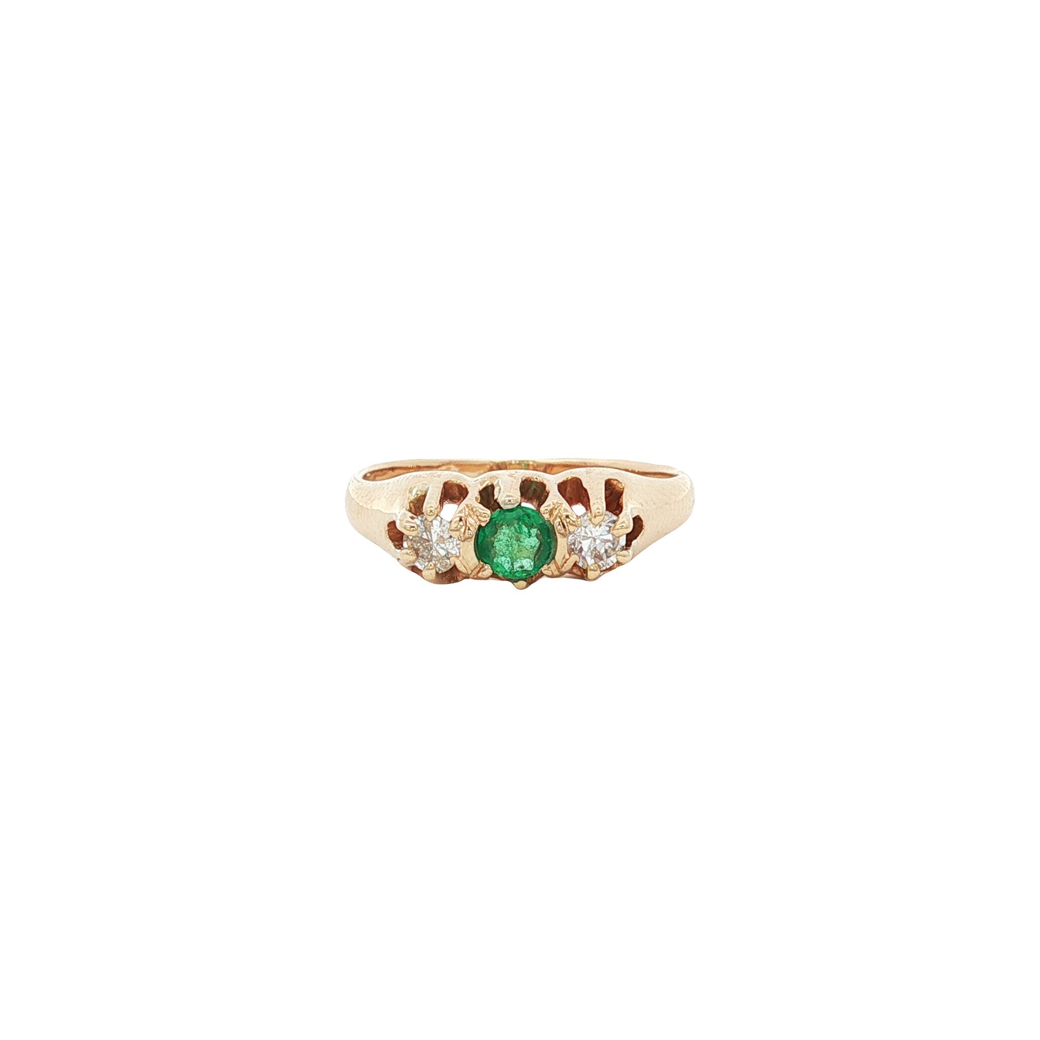 Gold vintage trilogy row ring with emerald and diamond 14 kt