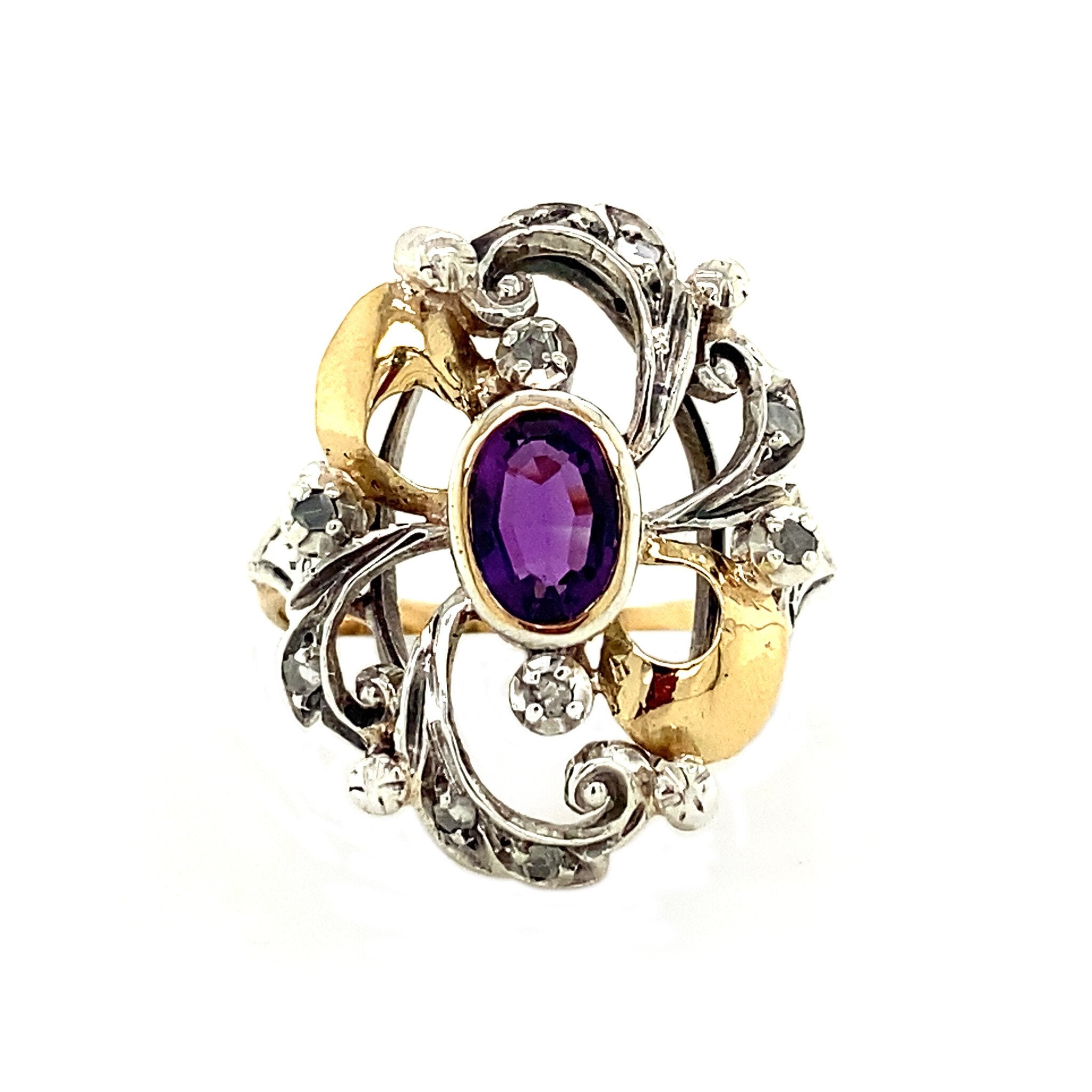 Gold ring with rose-cut diamond and amethyst 18 kt/925