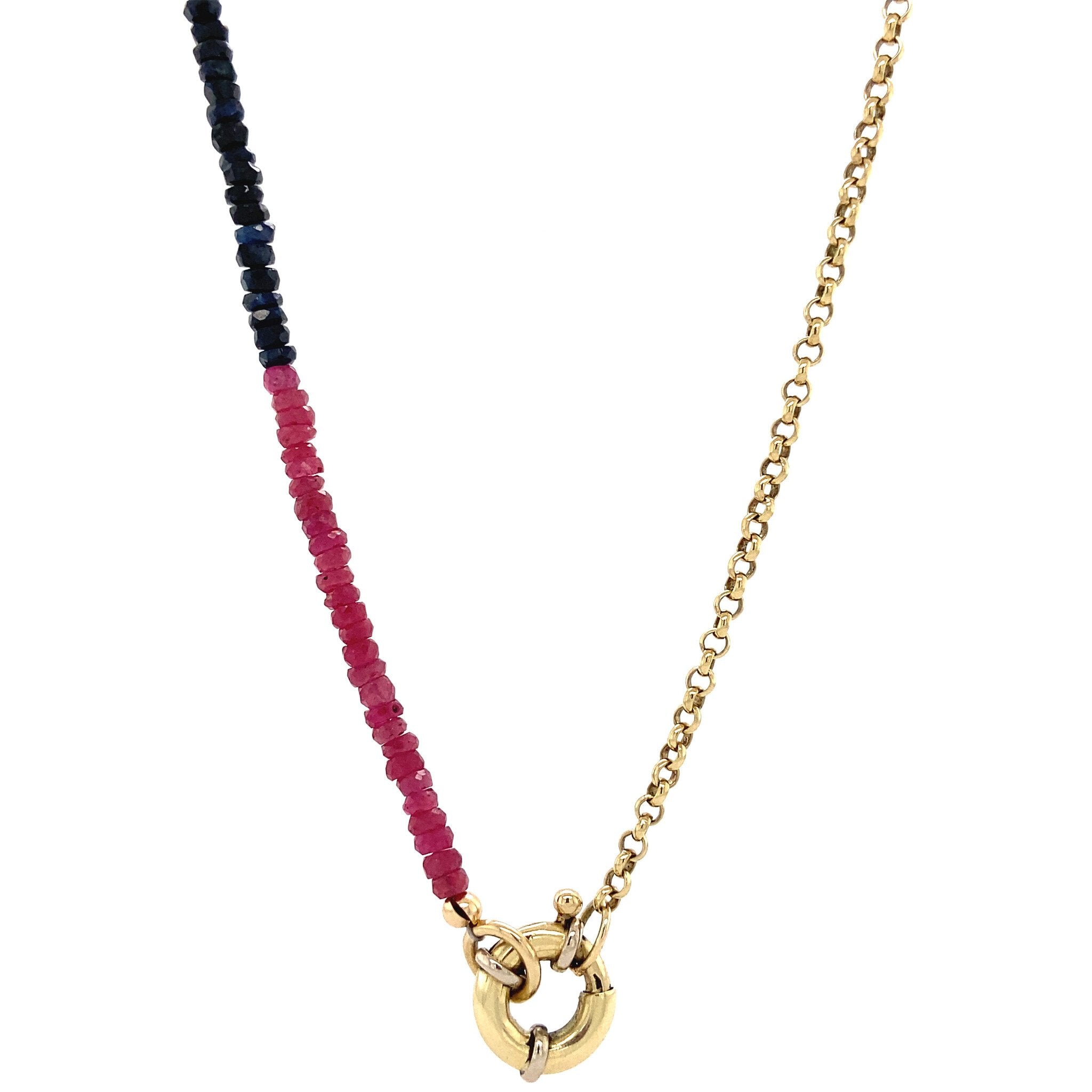 Robijn, smaragd en saffier collier 14 krt