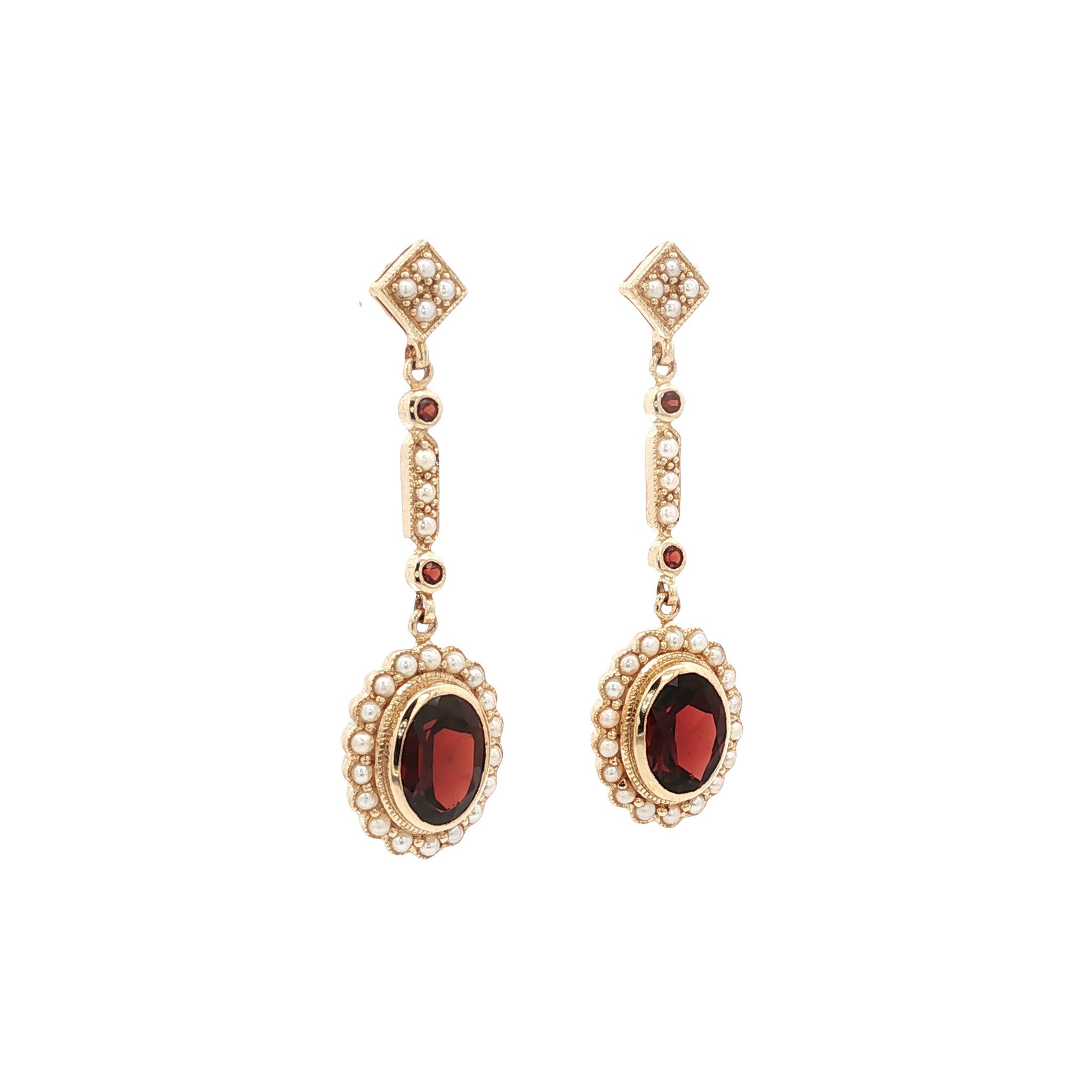 Gold earrings with garnet and pearl 14 kt